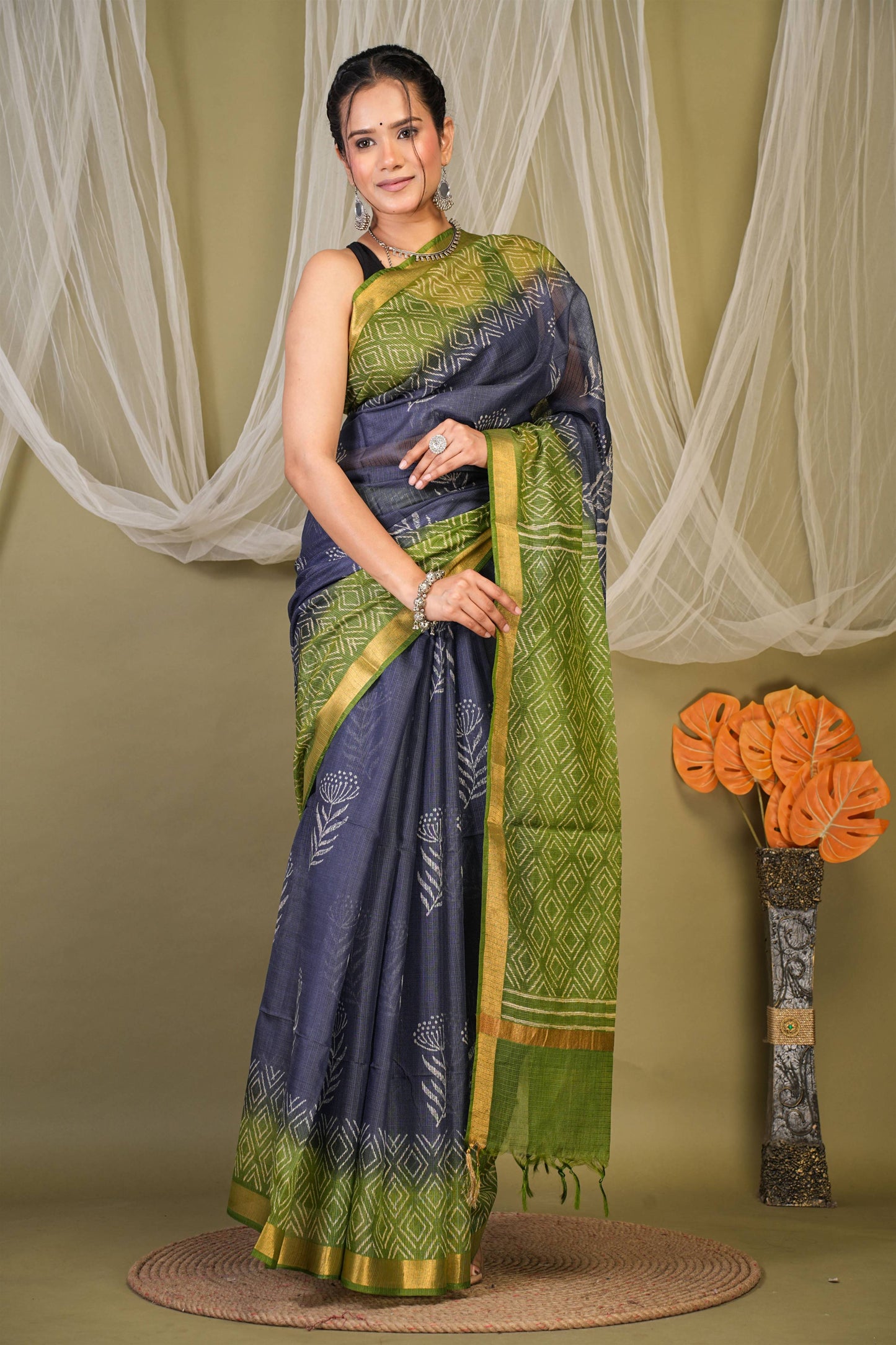 Anuttara Bhagalpuri Navy::Green Kota Doria Floral, Geometric Saree with Unstitched Blouse_AFS1342-FS