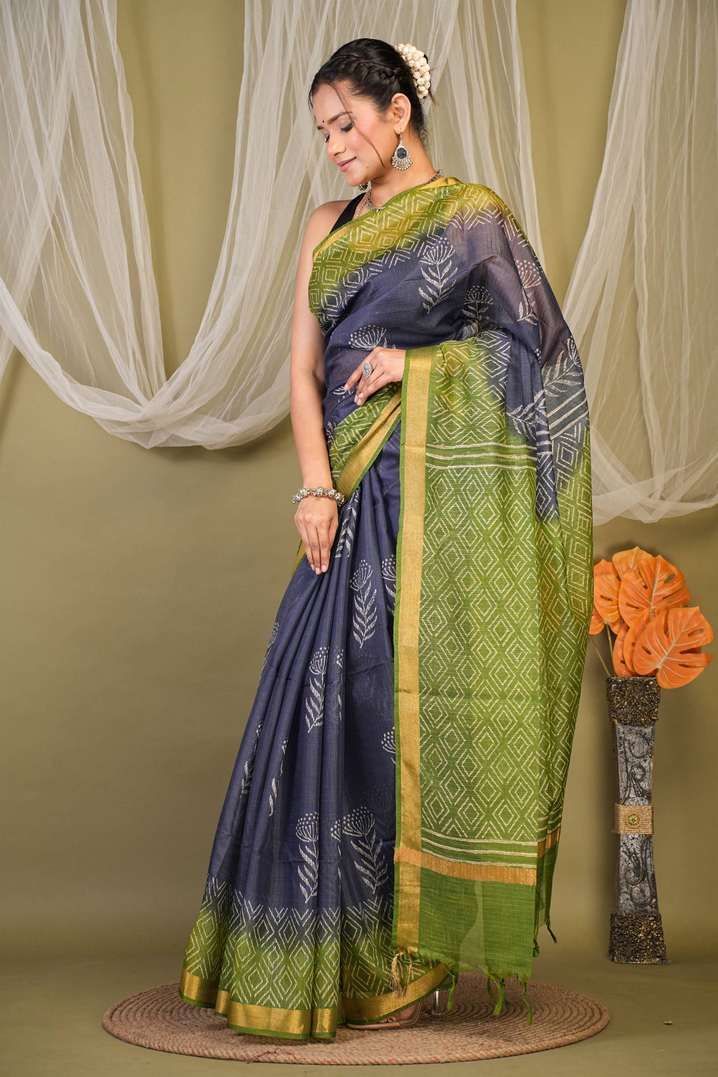 Anuttara Bhagalpuri Navy::Green Kota Doria Floral, Geometric Saree with Unstitched Blouse_AFS1342-FS