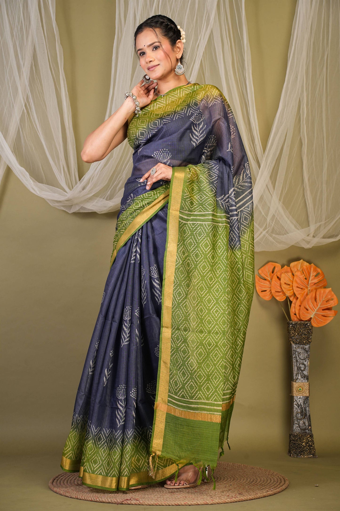 Anuttara Bhagalpuri Navy::Green Kota Doria Floral, Geometric Saree with Unstitched Blouse_AFS1342-FS