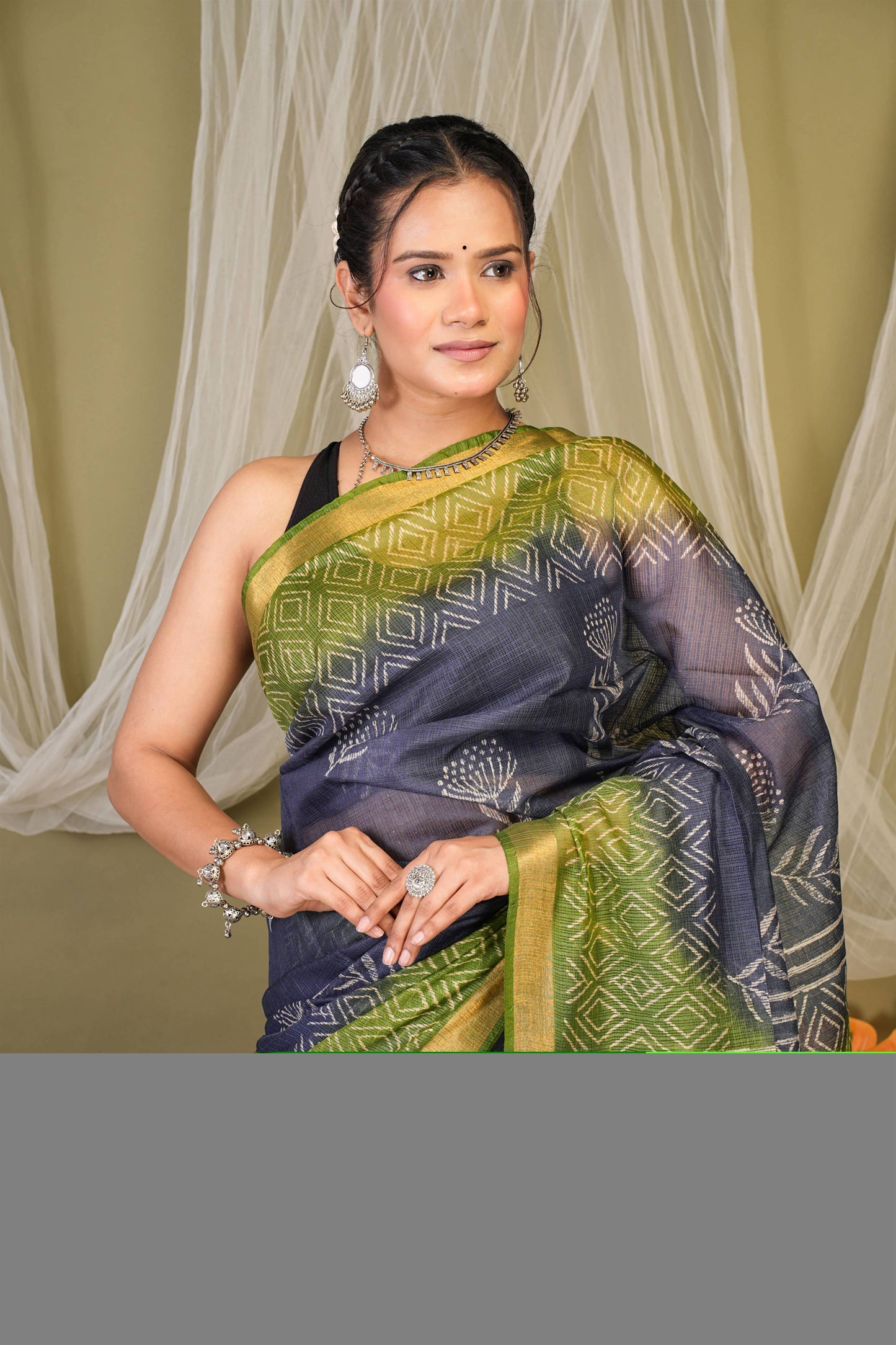 Anuttara Bhagalpuri Navy::Green Kota Doria Floral, Geometric Saree with Unstitched Blouse_AFS1342-FS