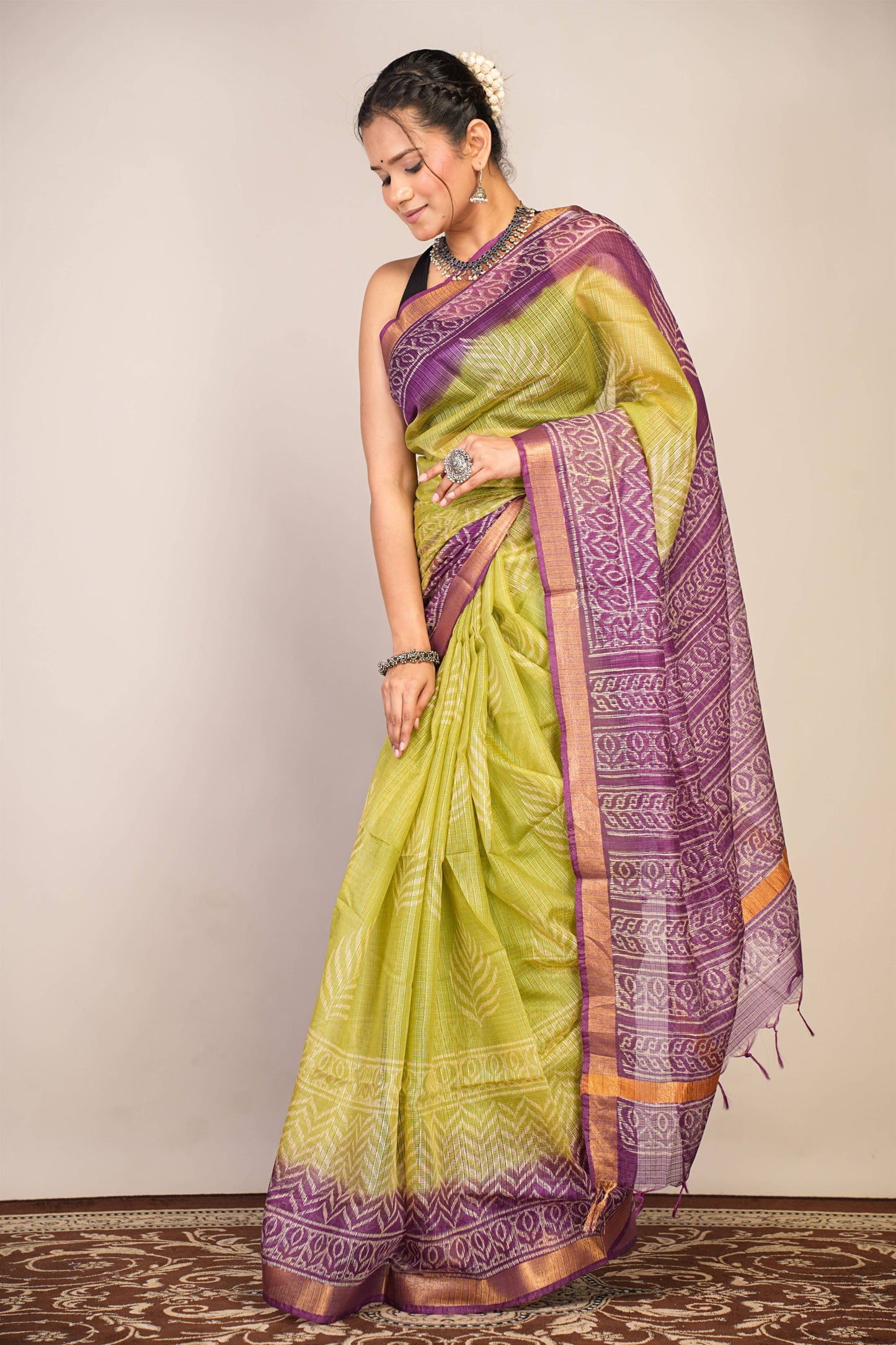 Anuttara Bhagalpuri Green::Violet Kota Doria Floral, Zig-Zag Saree with Unstitched Blouse_AFS1344-FS