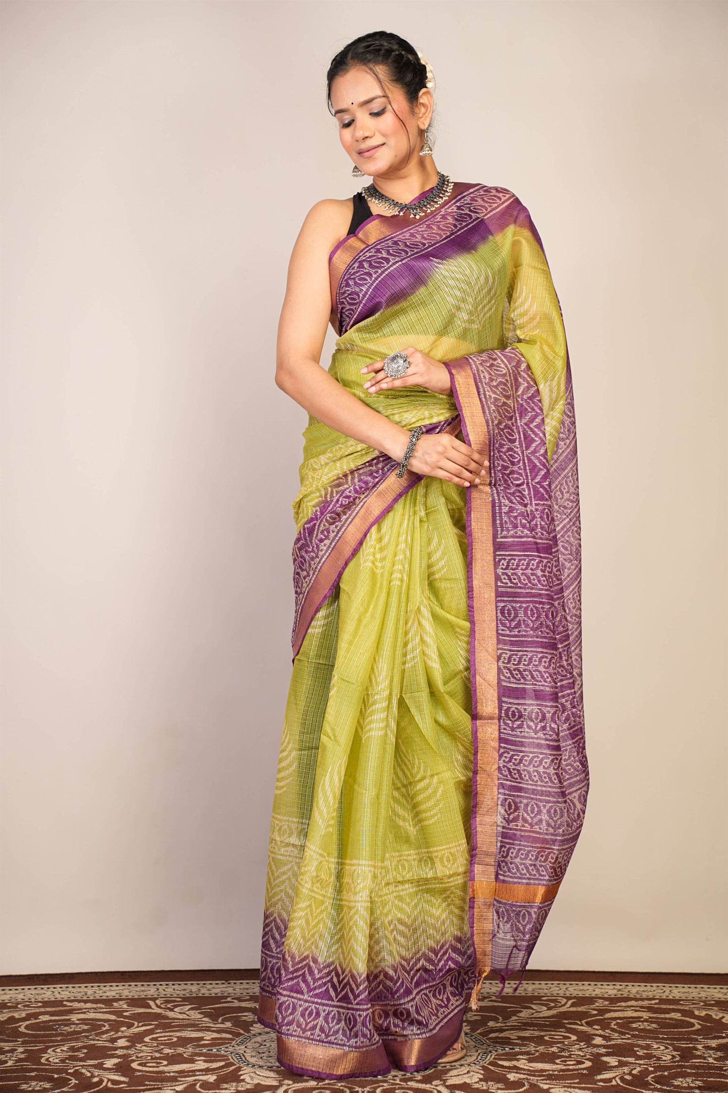 Anuttara Bhagalpuri Green::Violet Kota Doria Floral, Zig-Zag Saree with Unstitched Blouse_AFS1344-FS