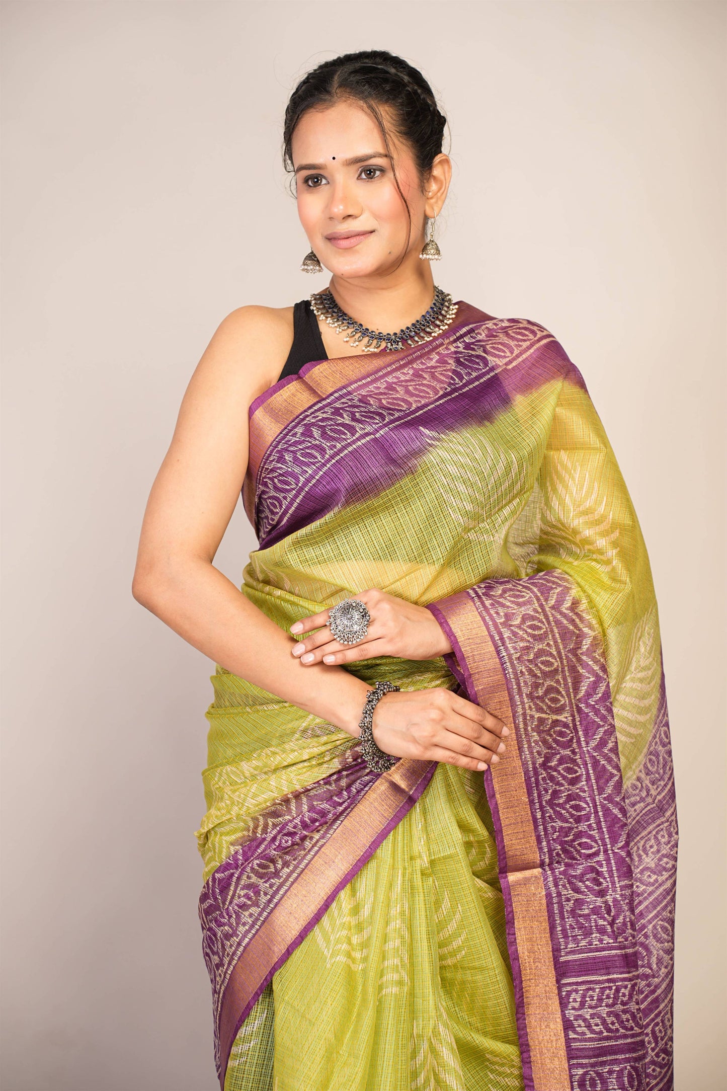 Anuttara Bhagalpuri Green::Violet Kota Doria Floral, Zig-Zag Saree with Unstitched Blouse_AFS1344-FS
