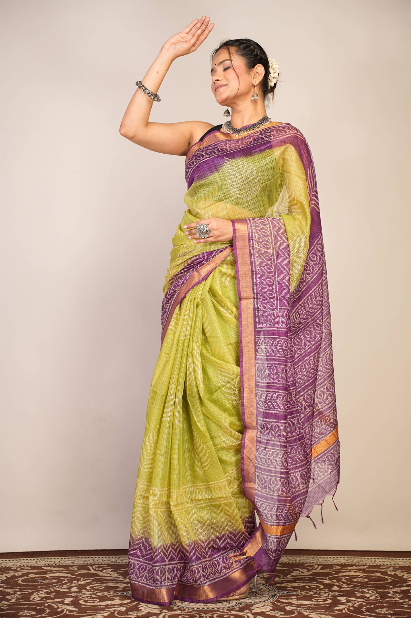 Anuttara Bhagalpuri Green::Violet Kota Doria Floral, Zig-Zag Saree with Unstitched Blouse_AFS1344-FS