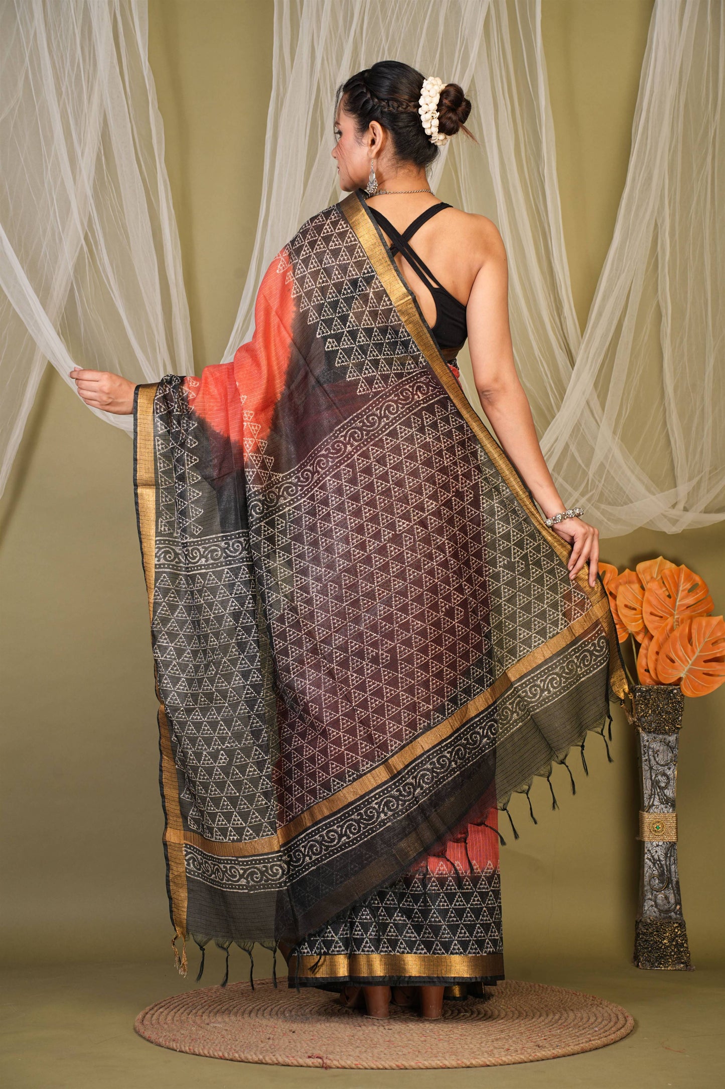 Anuttara Bhagalpuri Red::Black Kota Doria Geometric Saree with Unstitched Blouse_AFS1345-FS