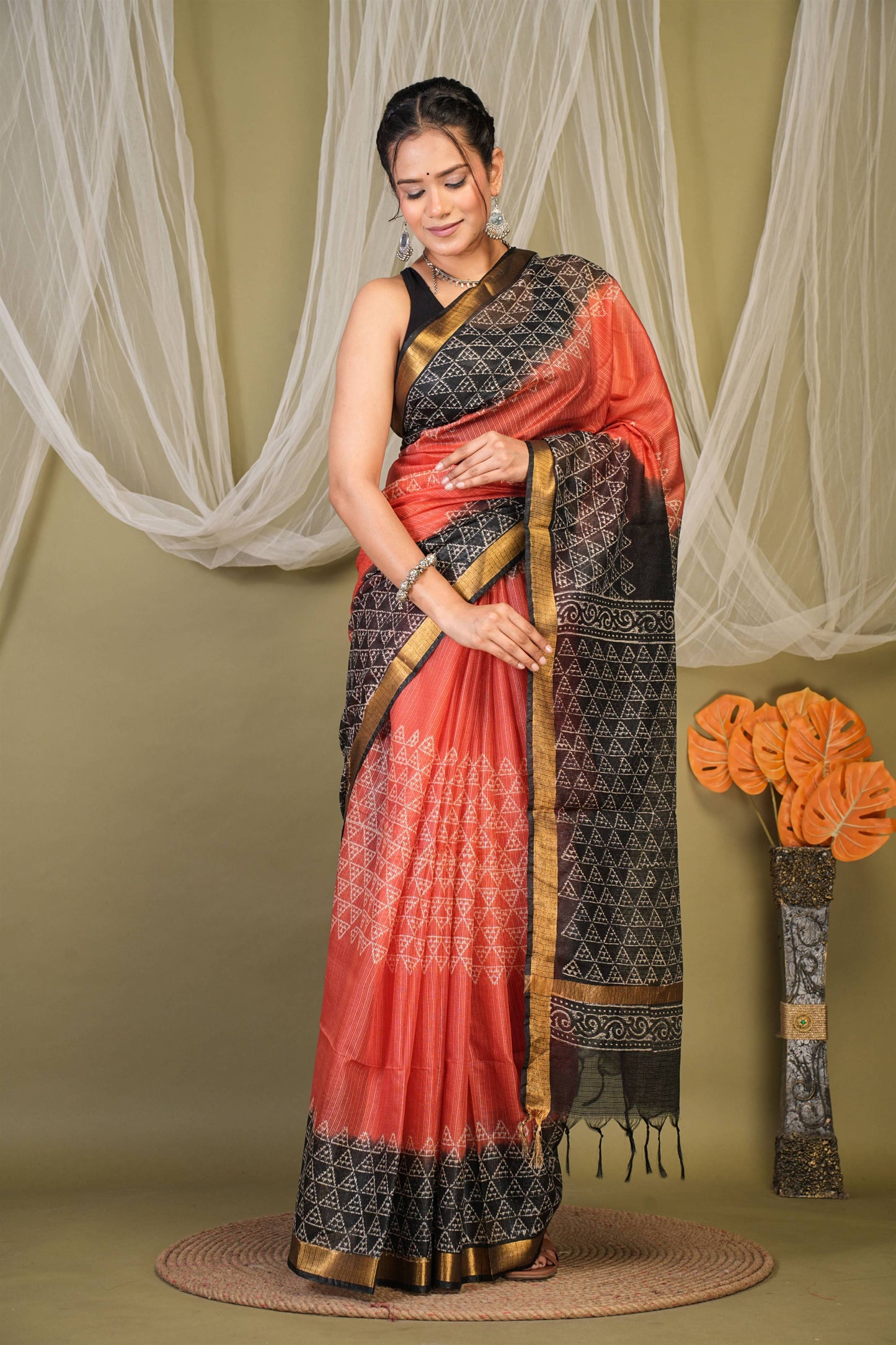 Anuttara Bhagalpuri Red::Black Kota Doria Geometric Saree with Unstitched Blouse_AFS1345-FS