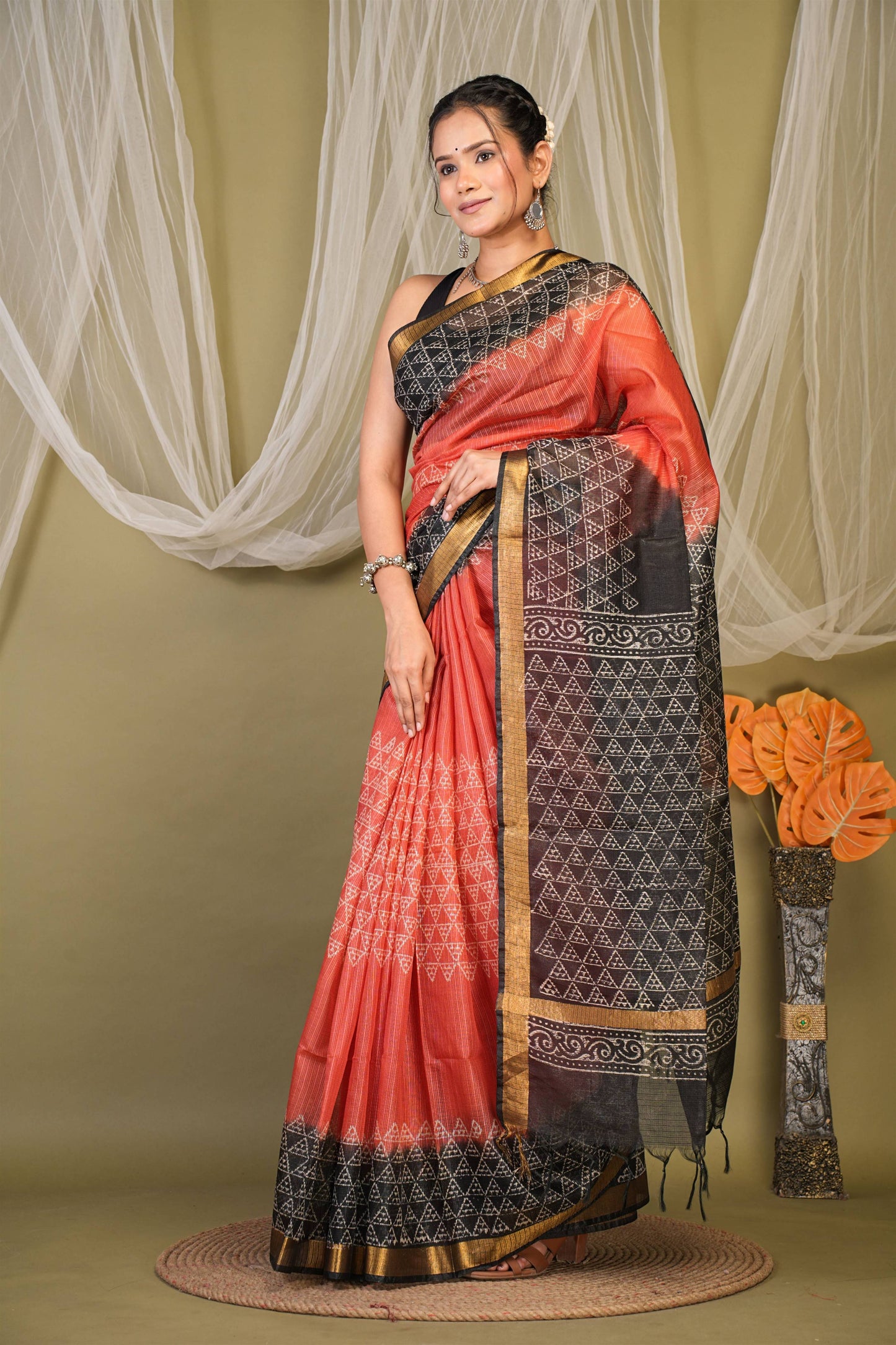 Anuttara Bhagalpuri Red::Black Kota Doria Geometric Saree with Unstitched Blouse_AFS1345-FS