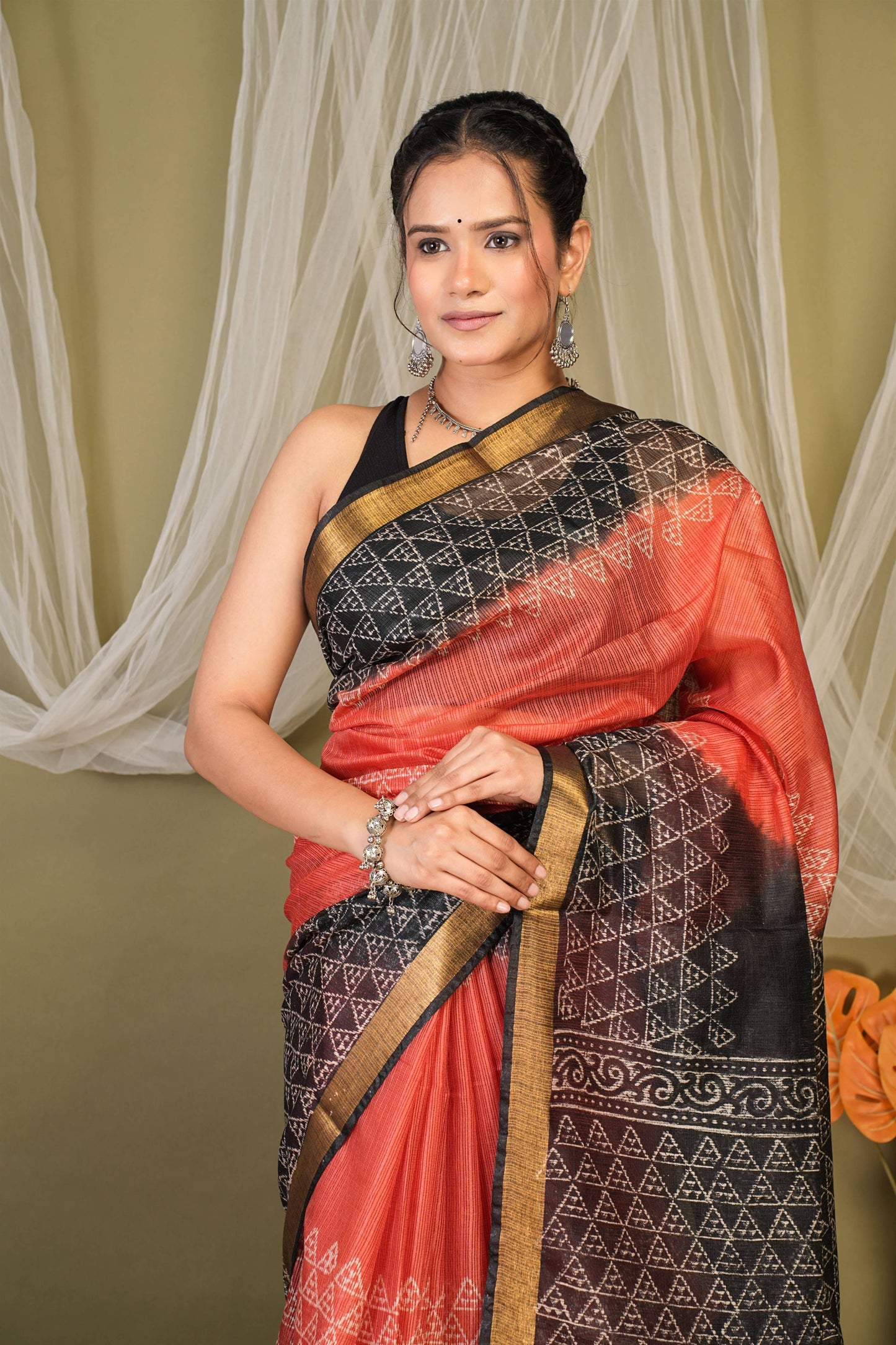 Anuttara Bhagalpuri Red::Black Kota Doria Geometric Saree with Unstitched Blouse_AFS1345-FS