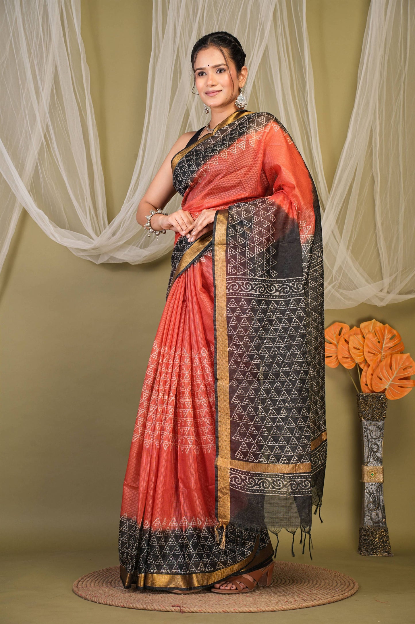 Anuttara Bhagalpuri Red::Black Kota Doria Geometric Saree with Unstitched Blouse_AFS1345-FS