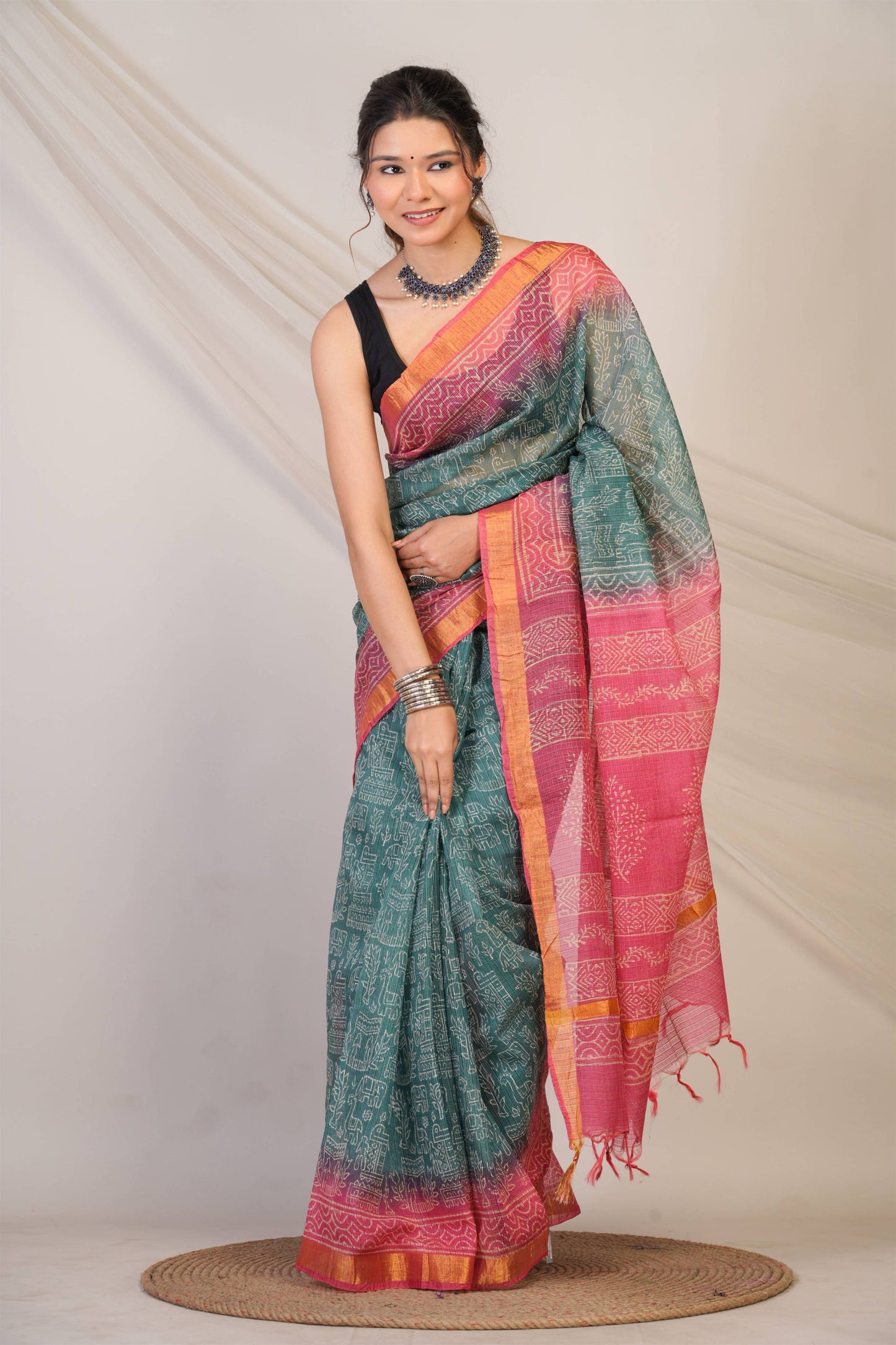 Anuttara Bhagalpuri Teal::Pink Kota Doria Animal, Trible, Floral Saree with Unstitched Blouse_AFS1346-FS
