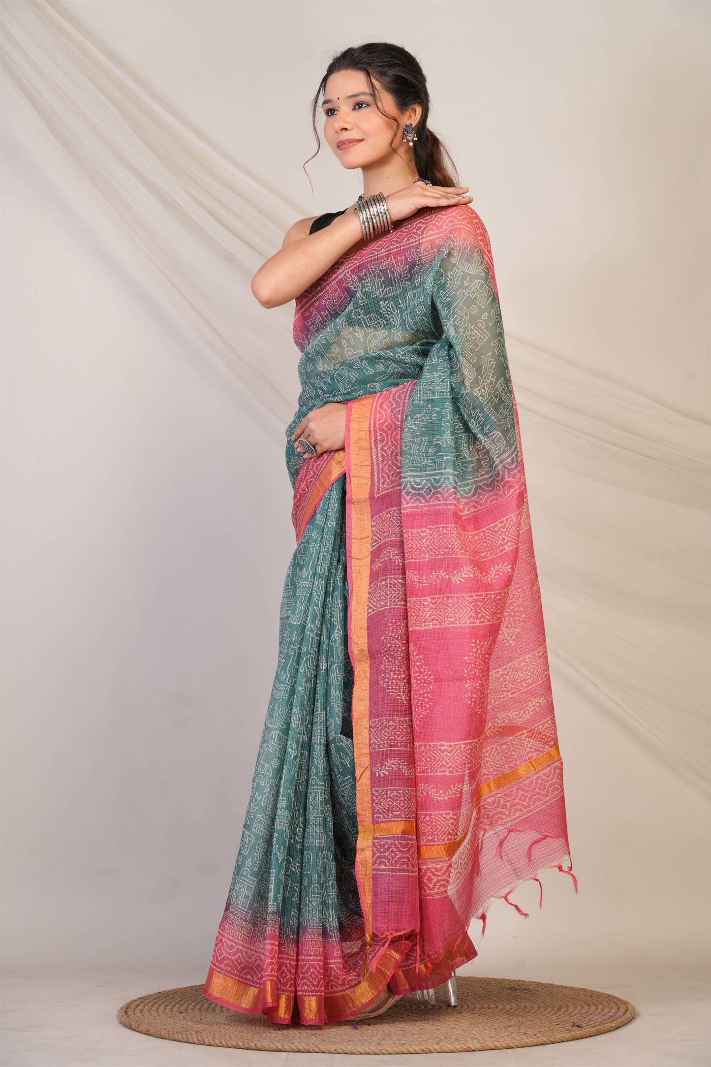 Anuttara Bhagalpuri Teal::Pink Kota Doria Animal, Trible, Floral Saree with Unstitched Blouse_AFS1346-FS