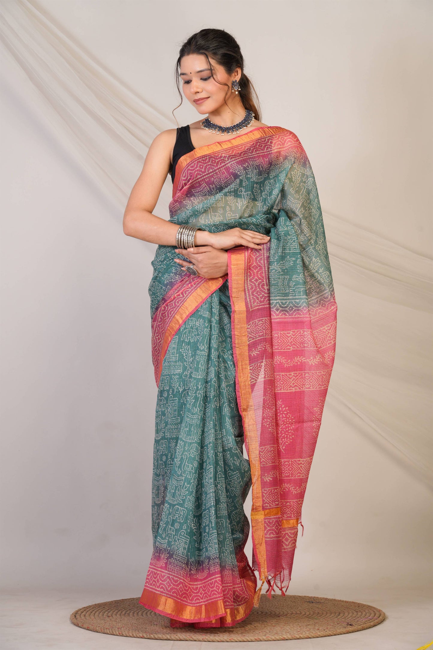 Anuttara Bhagalpuri Teal::Pink Kota Doria Animal, Trible, Floral Saree with Unstitched Blouse_AFS1346-FS