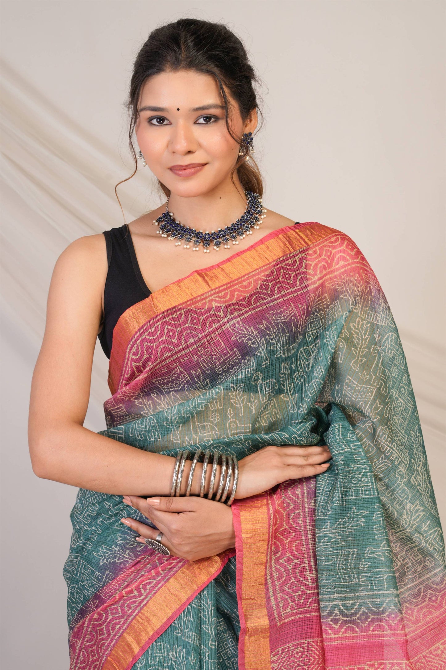 Anuttara Bhagalpuri Teal::Pink Kota Doria Animal, Trible, Floral Saree with Unstitched Blouse_AFS1346-FS