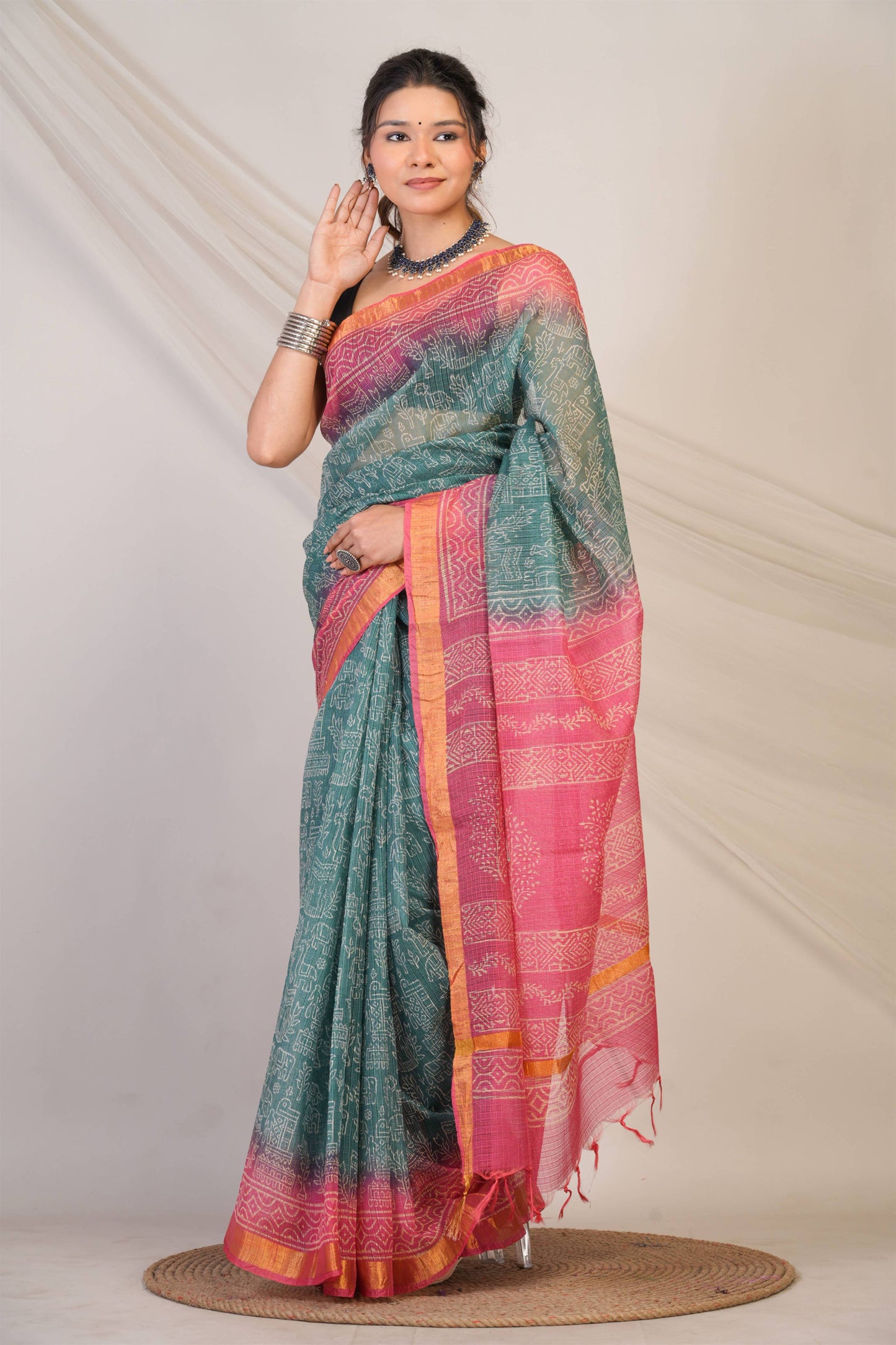 Anuttara Bhagalpuri Teal::Pink Kota Doria Animal, Trible, Floral Saree with Unstitched Blouse_AFS1346-FS
