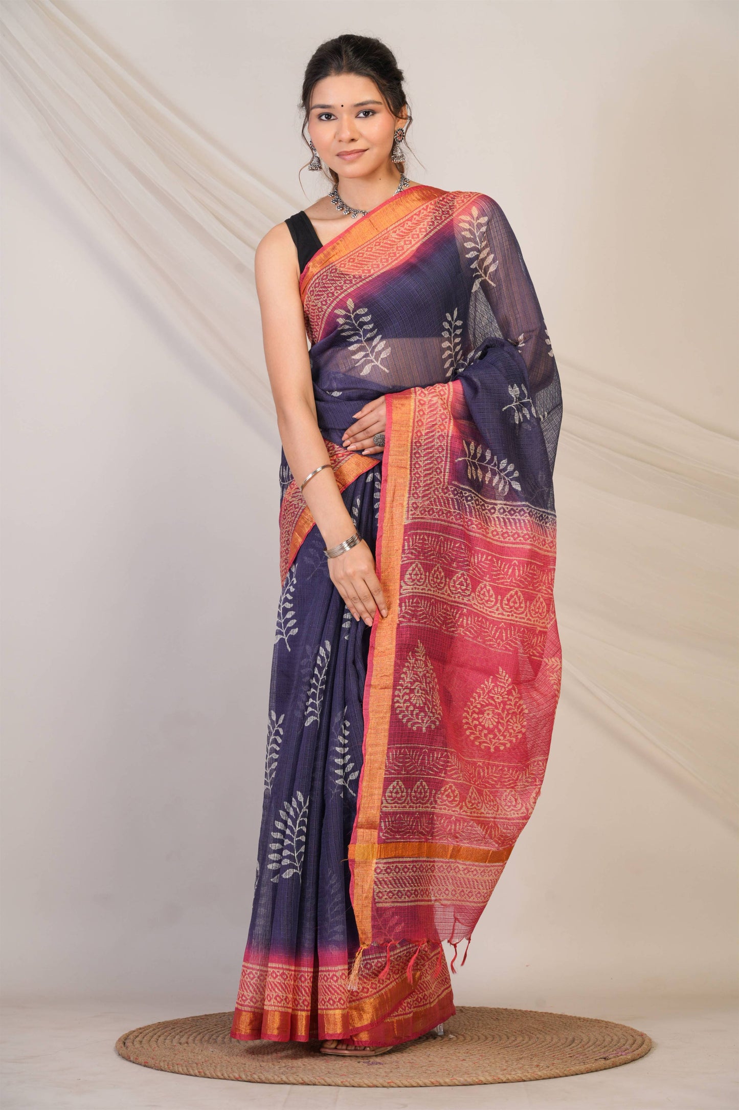 Anuttara Bhagalpuri Navy::Pink Kota Doria Floral Saree with Unstitched Blouse_AFS1348-FS