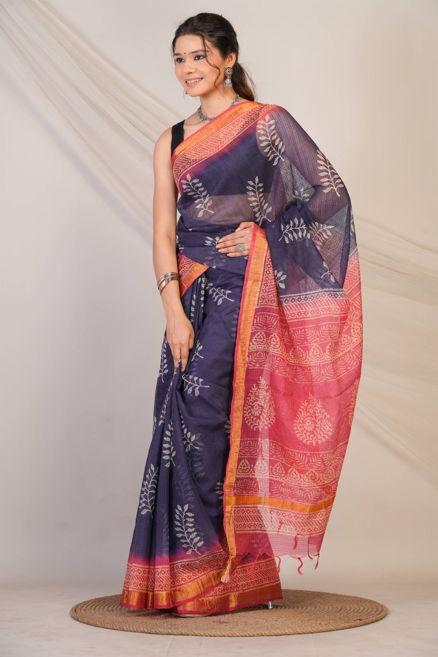 Anuttara Bhagalpuri Navy::Pink Kota Doria Floral Saree with Unstitched Blouse_AFS1348-FS