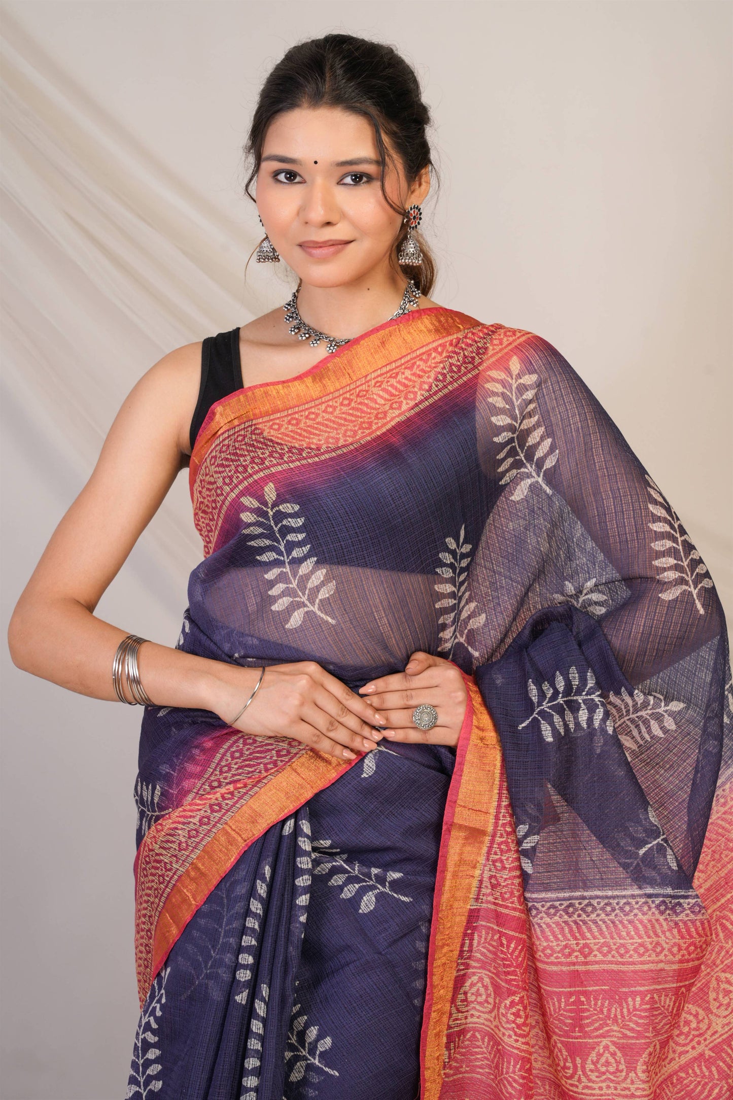 Anuttara Bhagalpuri Navy::Pink Kota Doria Floral Saree with Unstitched Blouse_AFS1348-FS