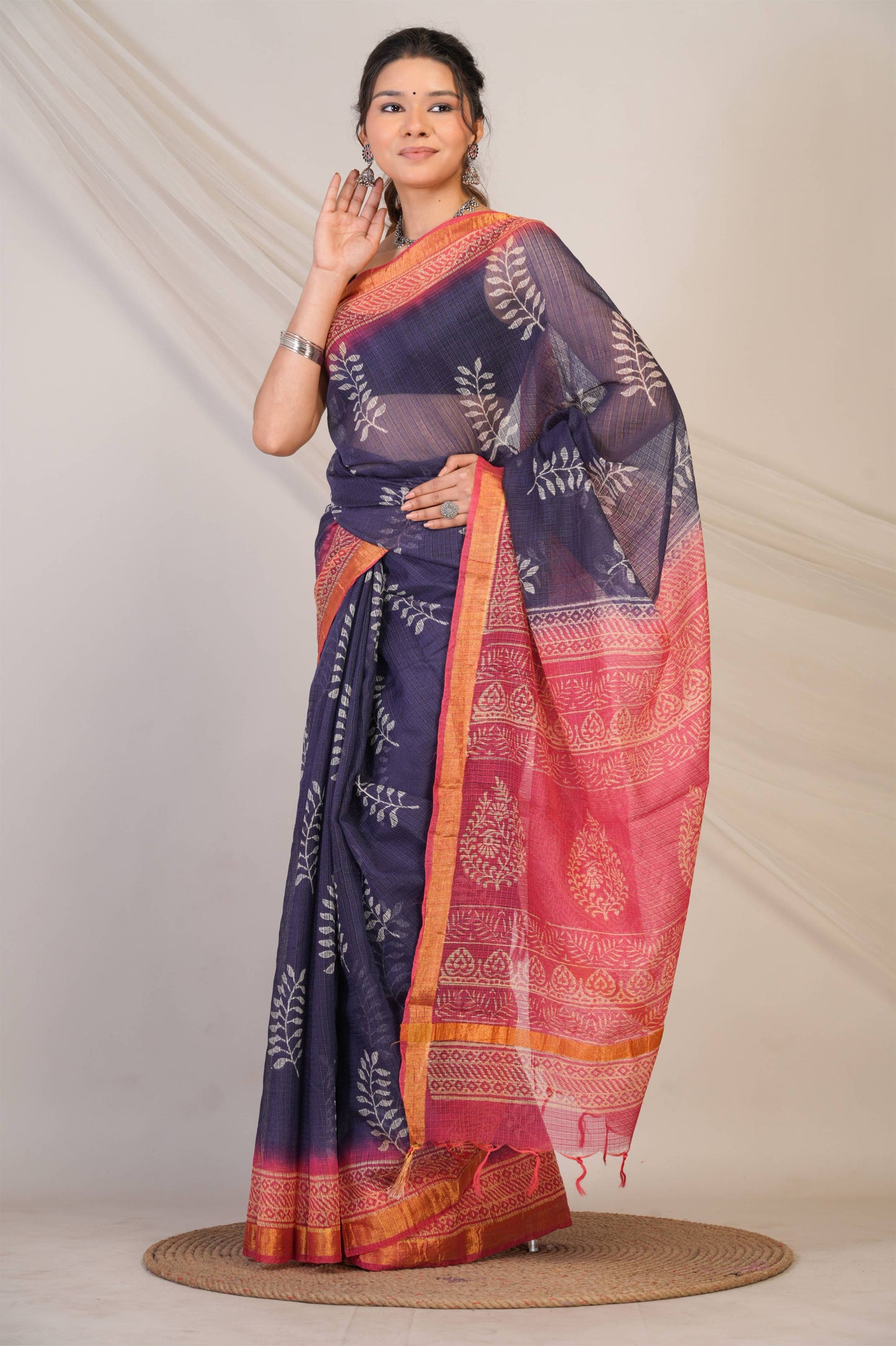 Anuttara Bhagalpuri Navy::Pink Kota Doria Floral Saree with Unstitched Blouse_AFS1348-FS