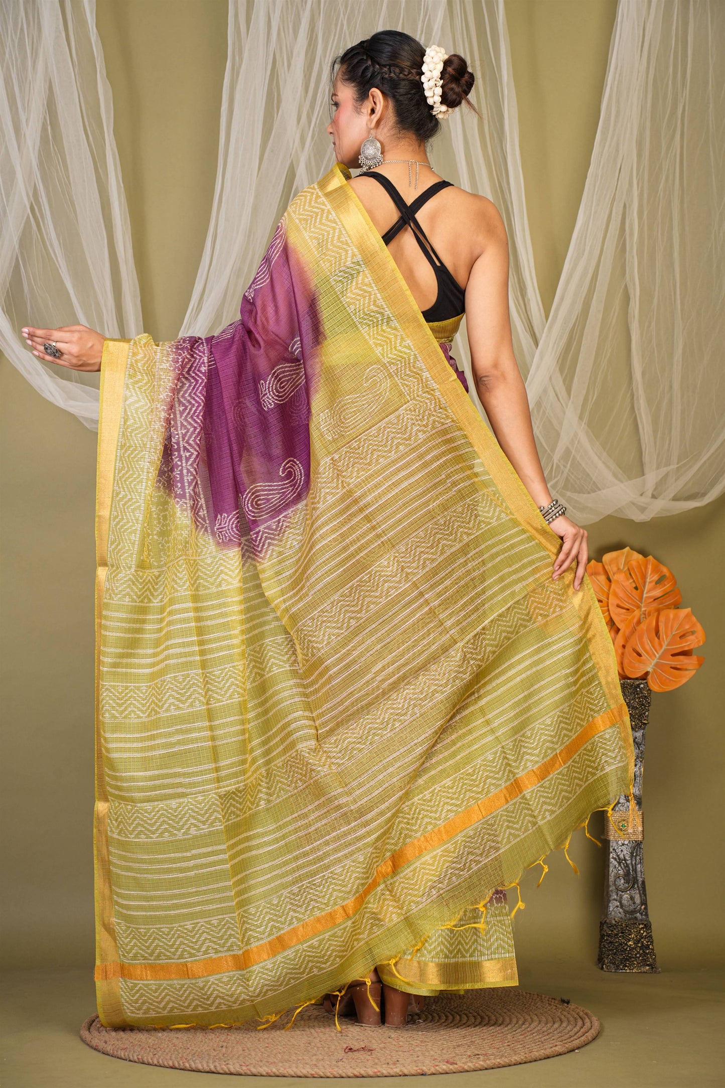 Anuttara Bhagalpuri Purple::Green Kota Doria Paisley Saree with Unstitched Blouse_AFS1349-FS