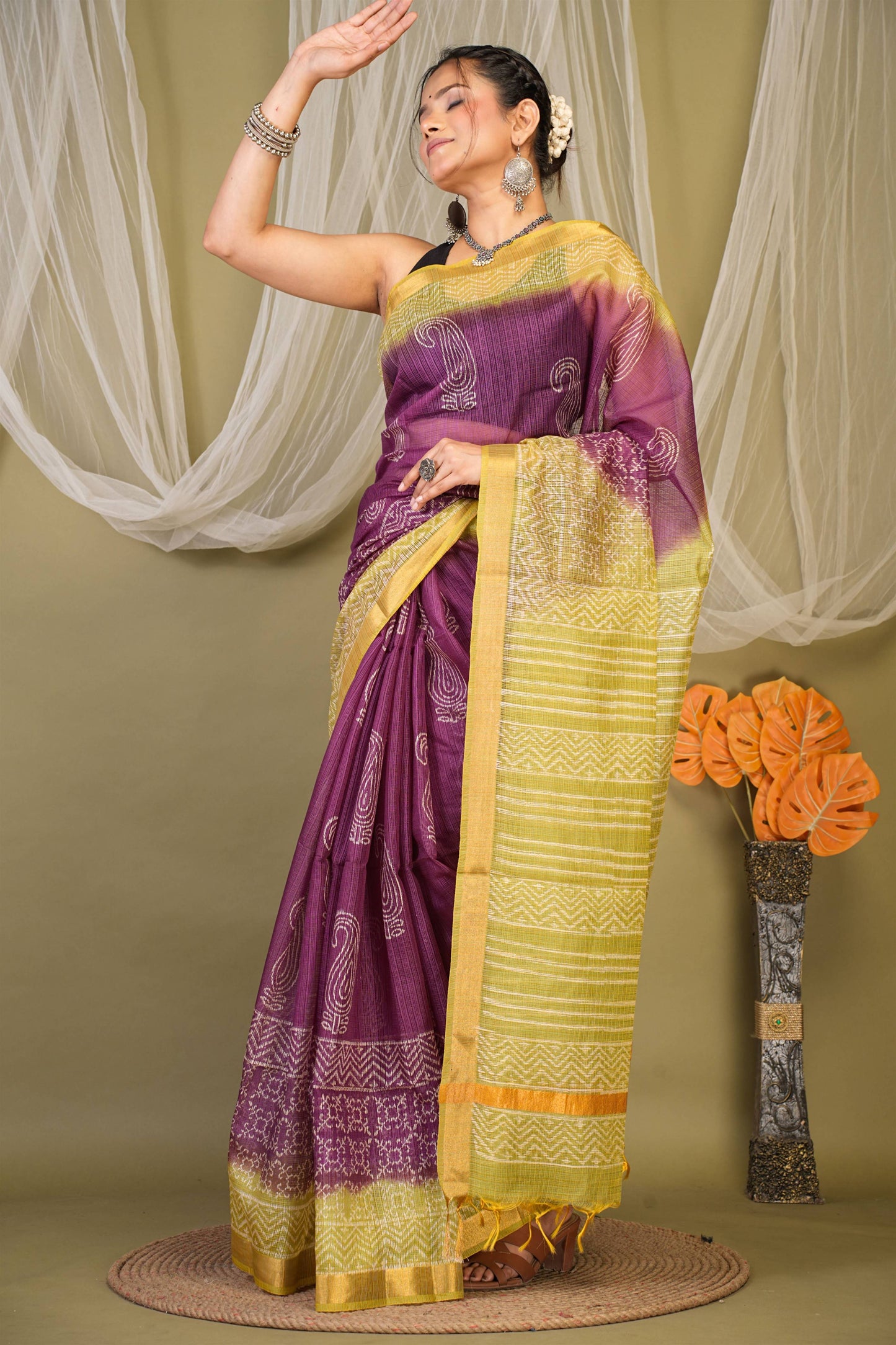 Anuttara Bhagalpuri Purple::Green Kota Doria Paisley Saree with Unstitched Blouse_AFS1349-FS