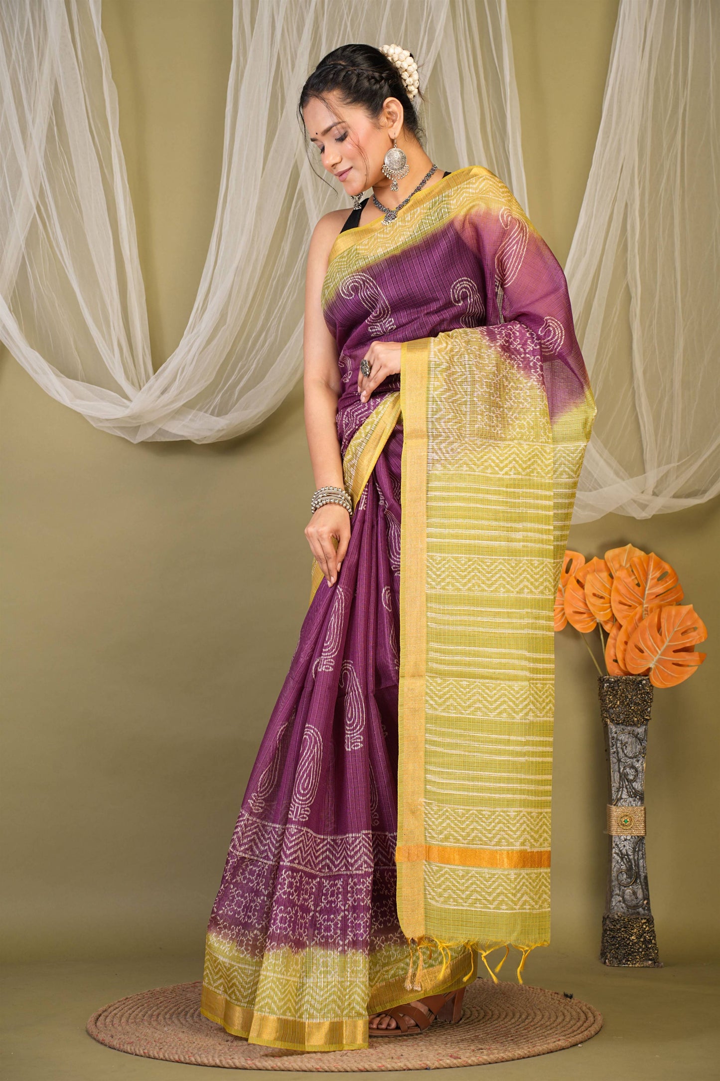 Anuttara Bhagalpuri Purple::Green Kota Doria Paisley Saree with Unstitched Blouse_AFS1349-FS