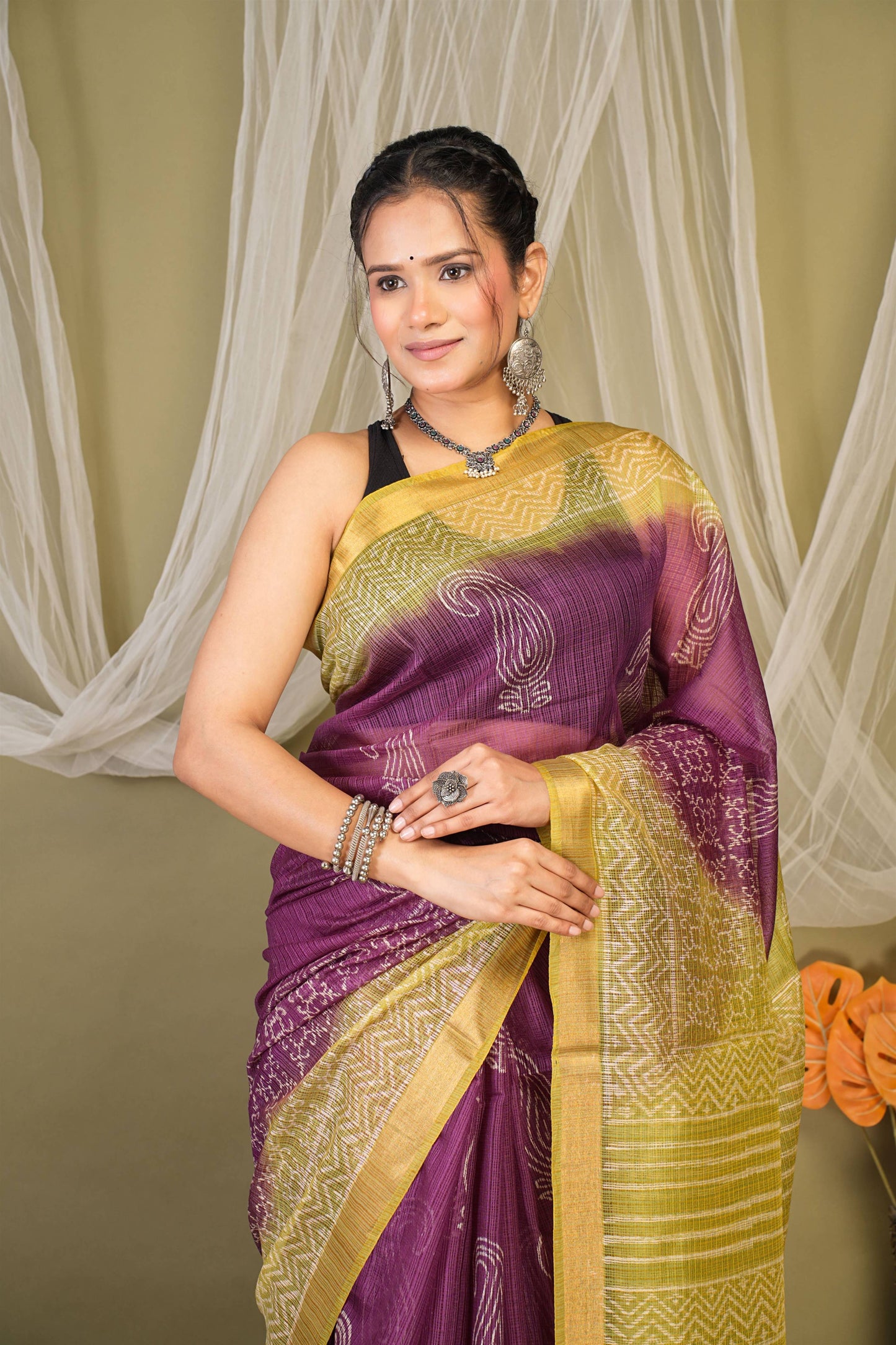 Anuttara Bhagalpuri Purple::Green Kota Doria Paisley Saree with Unstitched Blouse_AFS1349-FS