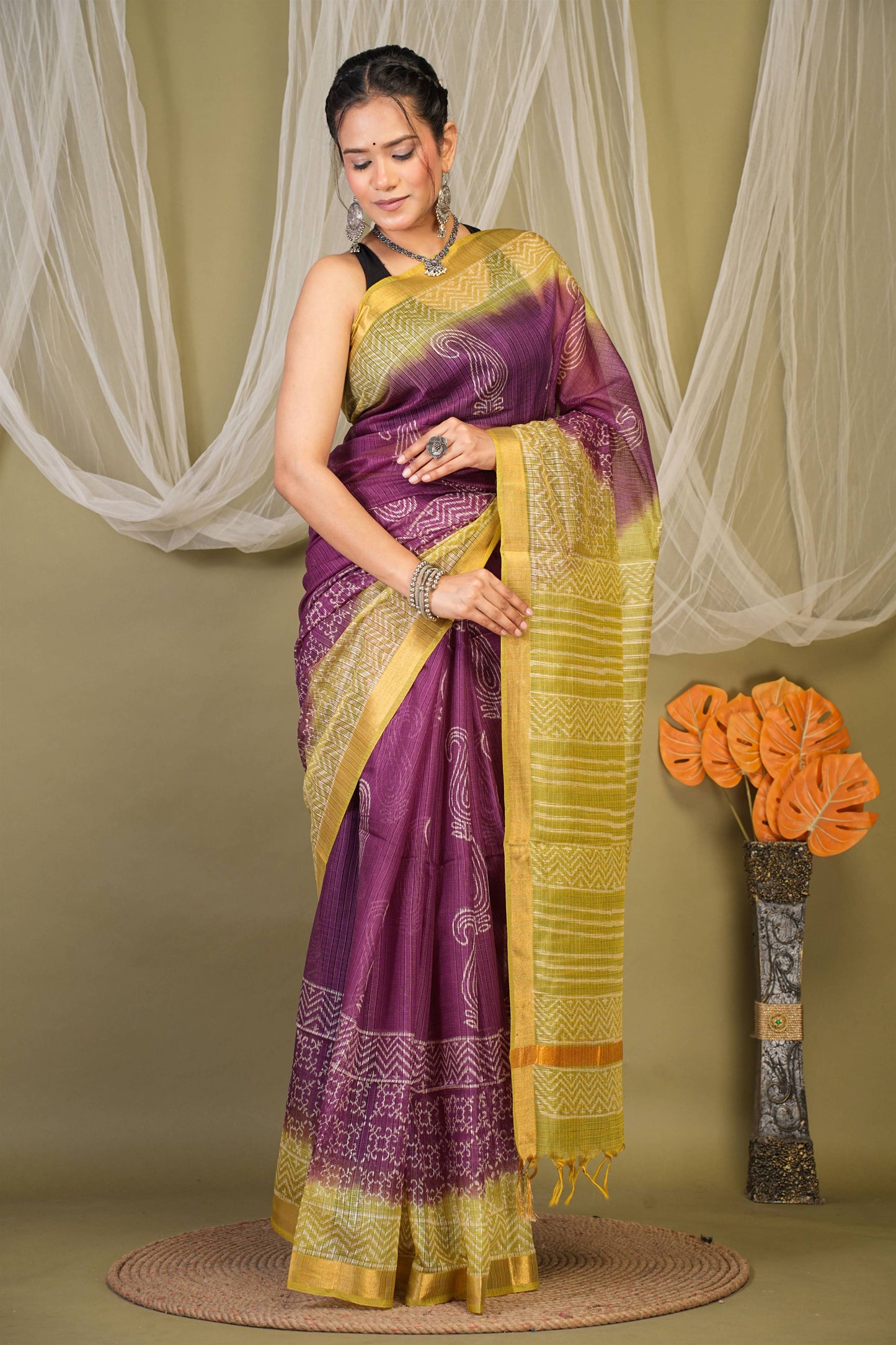Anuttara Bhagalpuri Purple::Green Kota Doria Paisley Saree with Unstitched Blouse_AFS1349-FS