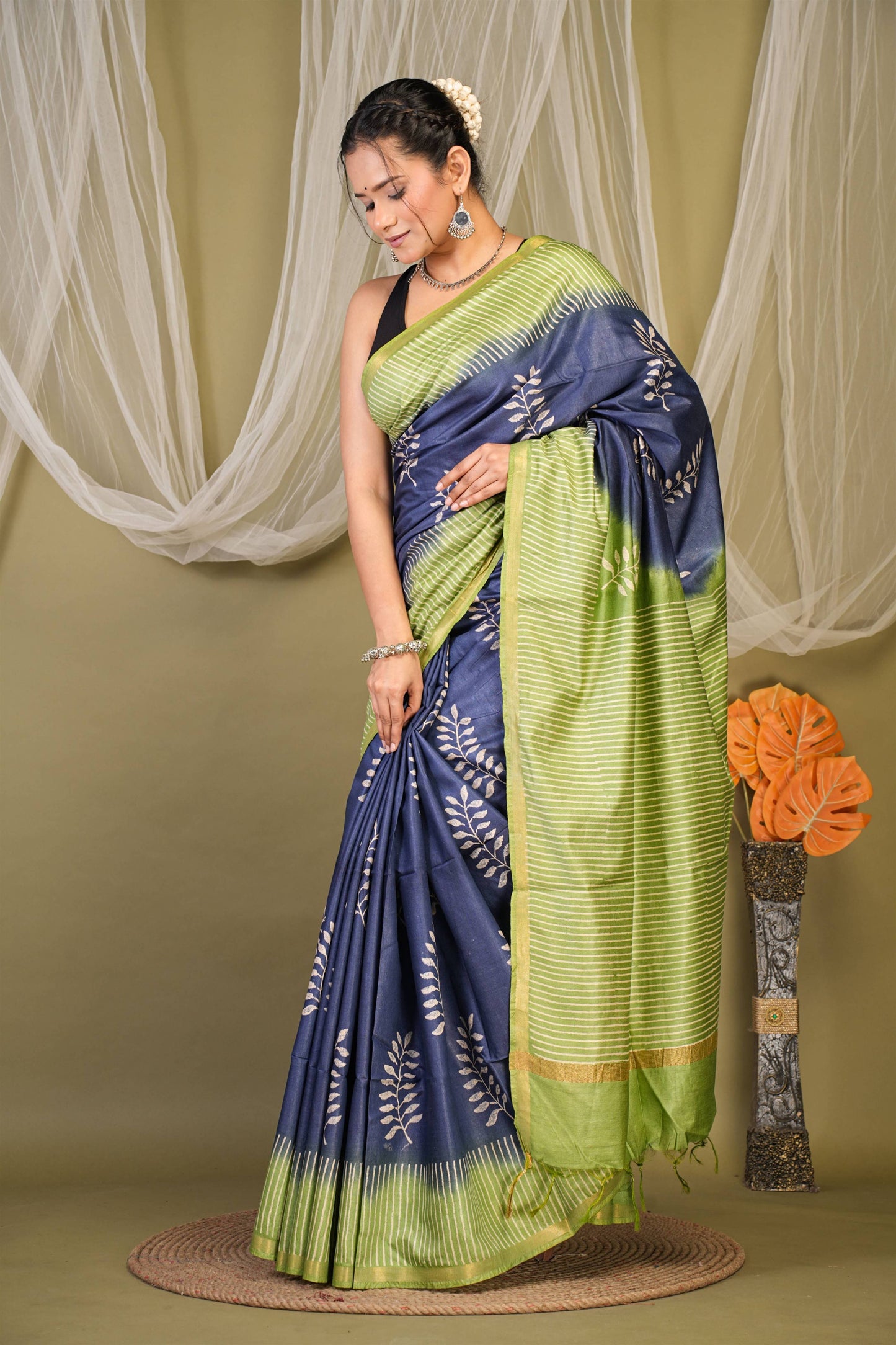 Anuttara Bhagalpuri Navy::Green Cotton Silk Floral, Stripe Saree with Unstitched Blouse_AFS1350-FS