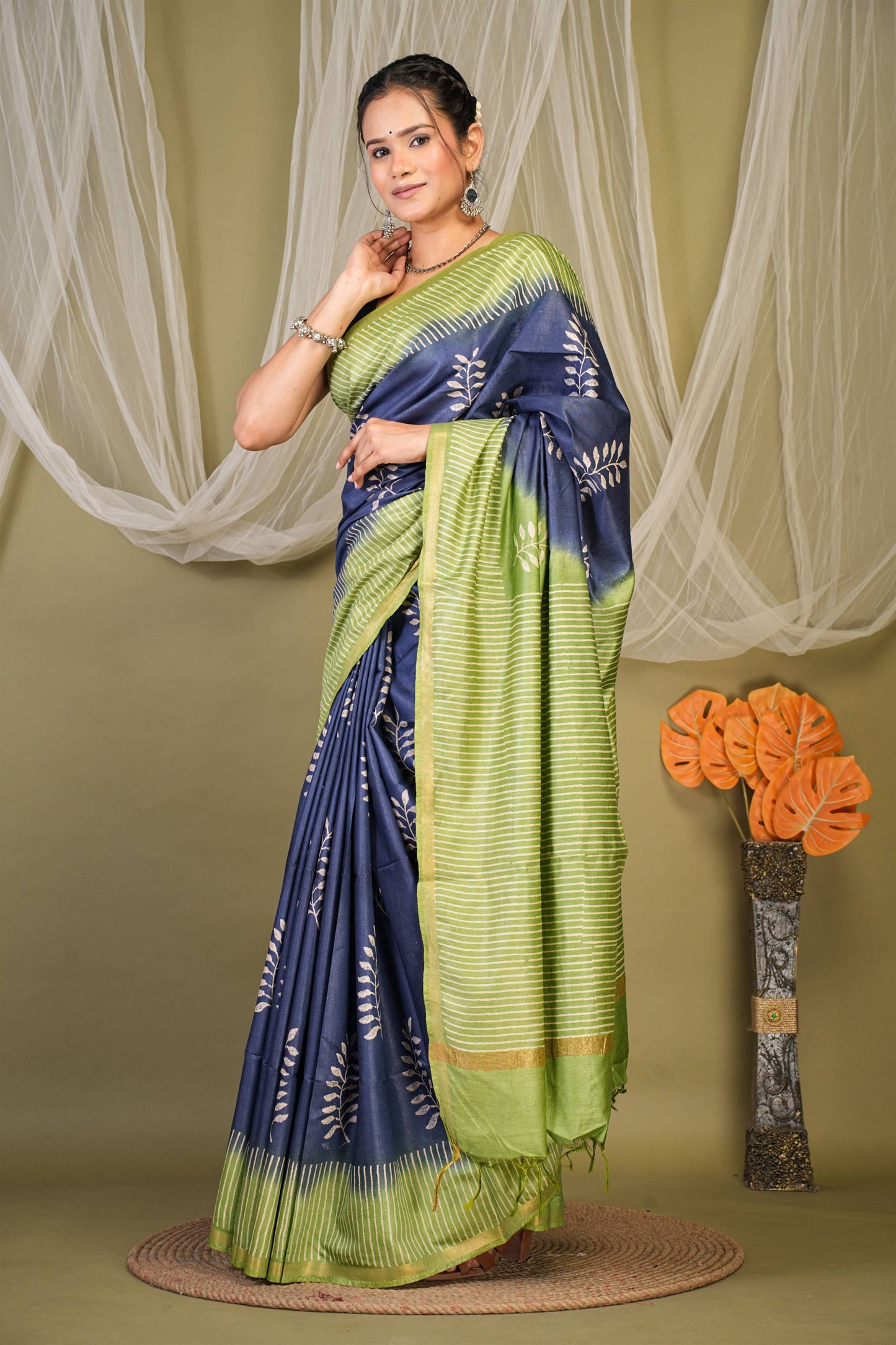 Anuttara Bhagalpuri Navy::Green Cotton Silk Floral, Stripe Saree with Unstitched Blouse_AFS1350-FS