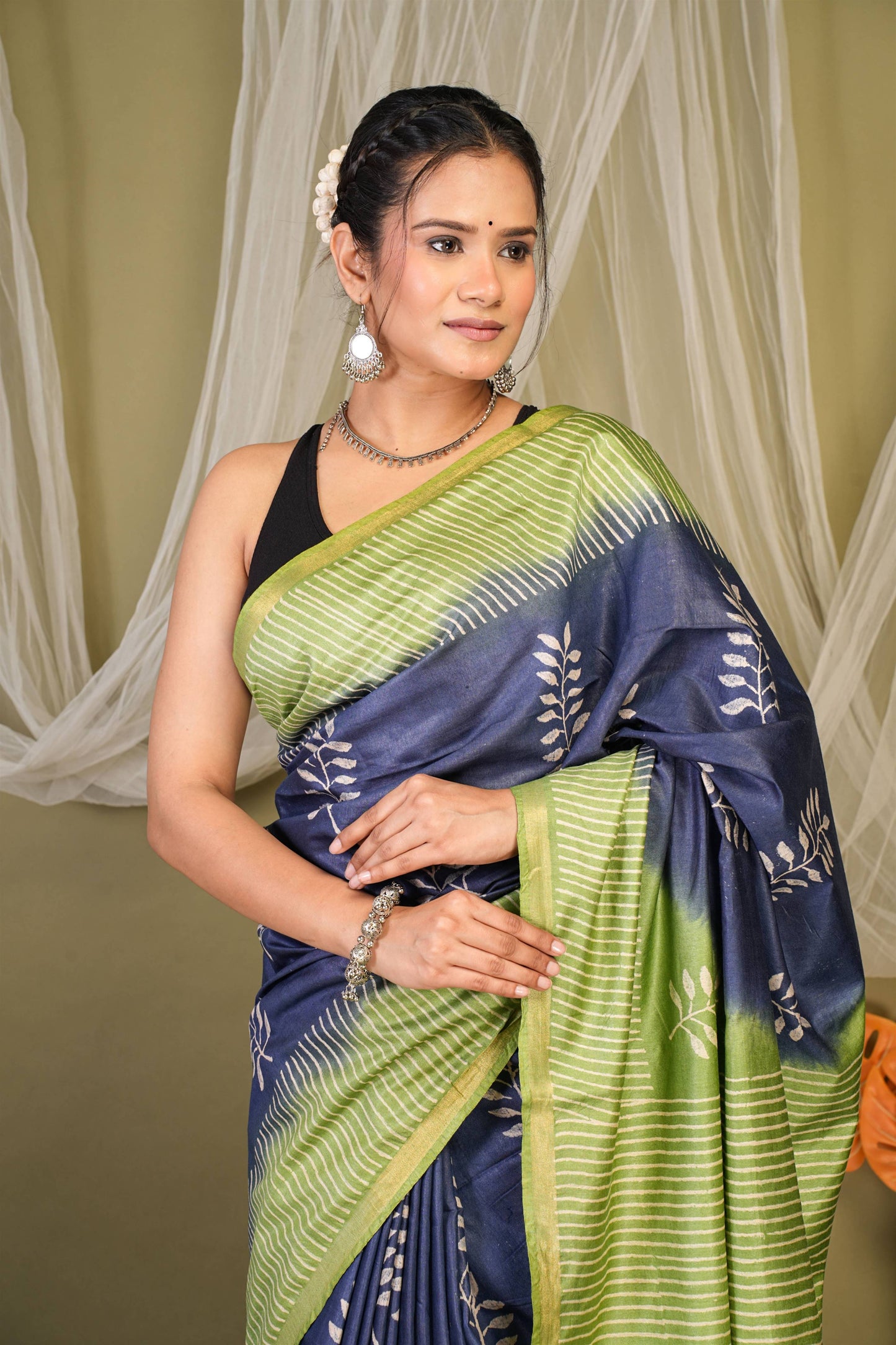 Anuttara Bhagalpuri Navy::Green Cotton Silk Floral, Stripe Saree with Unstitched Blouse_AFS1350-FS