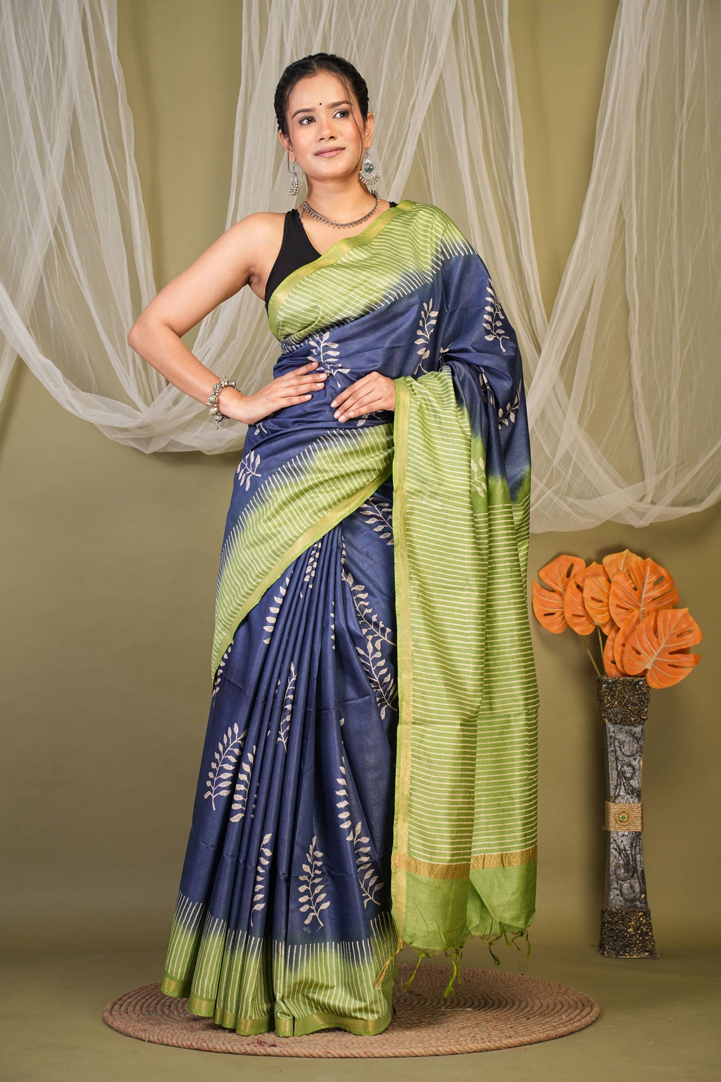Anuttara Bhagalpuri Navy::Green Cotton Silk Floral, Stripe Saree with Unstitched Blouse_AFS1350-FS