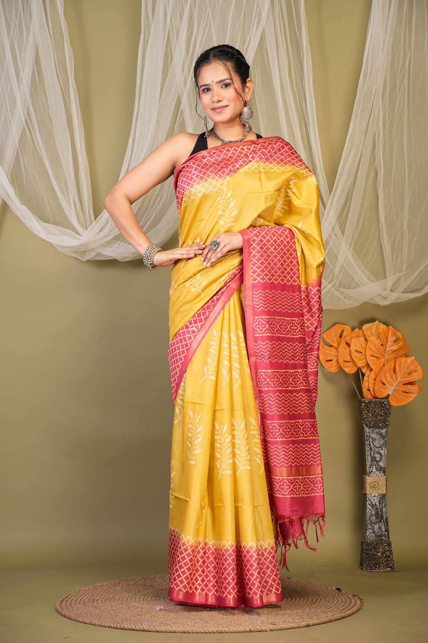 Anuttara Bhagalpuri Yellow::Red Cotton Silk Floral, Geometric Saree with Unstitched Blouse_AFS1351-FS