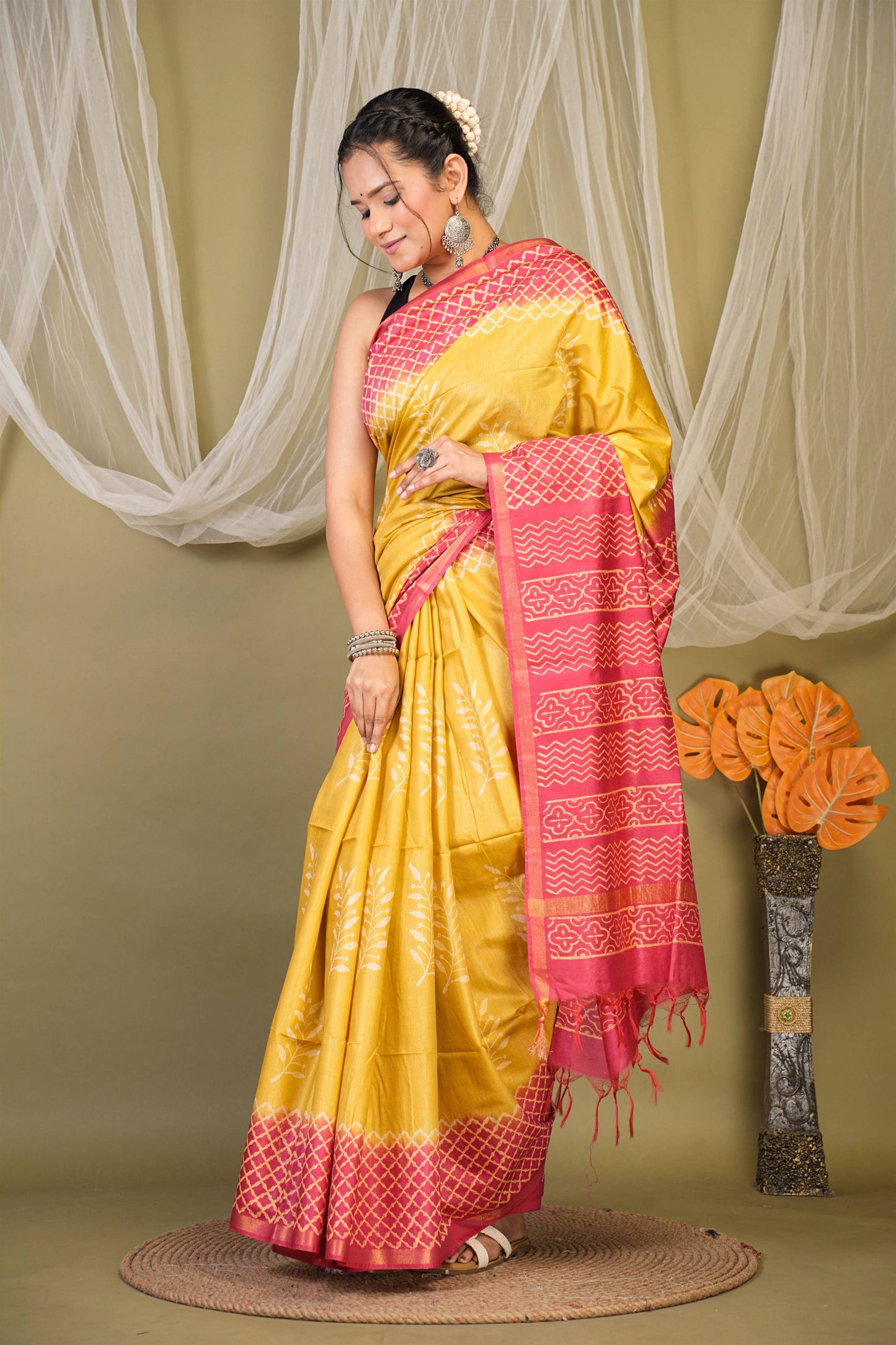 Anuttara Bhagalpuri Yellow::Red Cotton Silk Floral, Geometric Saree with Unstitched Blouse_AFS1351-FS