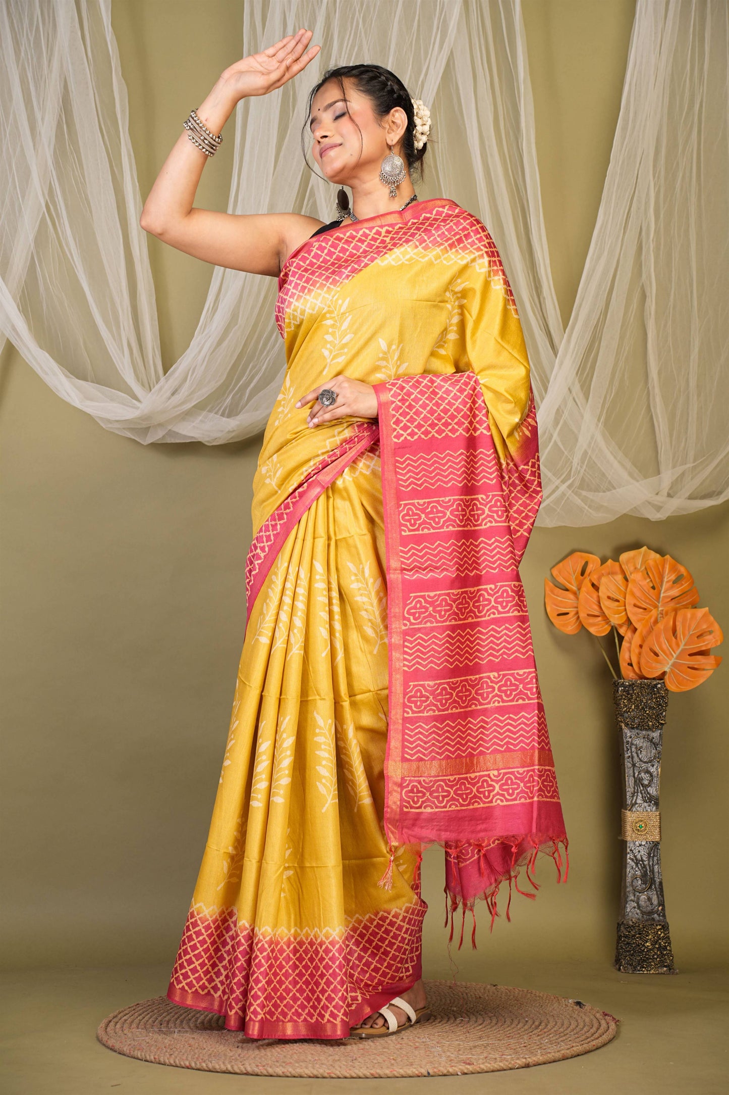 Anuttara Bhagalpuri Yellow::Red Cotton Silk Floral, Geometric Saree with Unstitched Blouse_AFS1351-FS