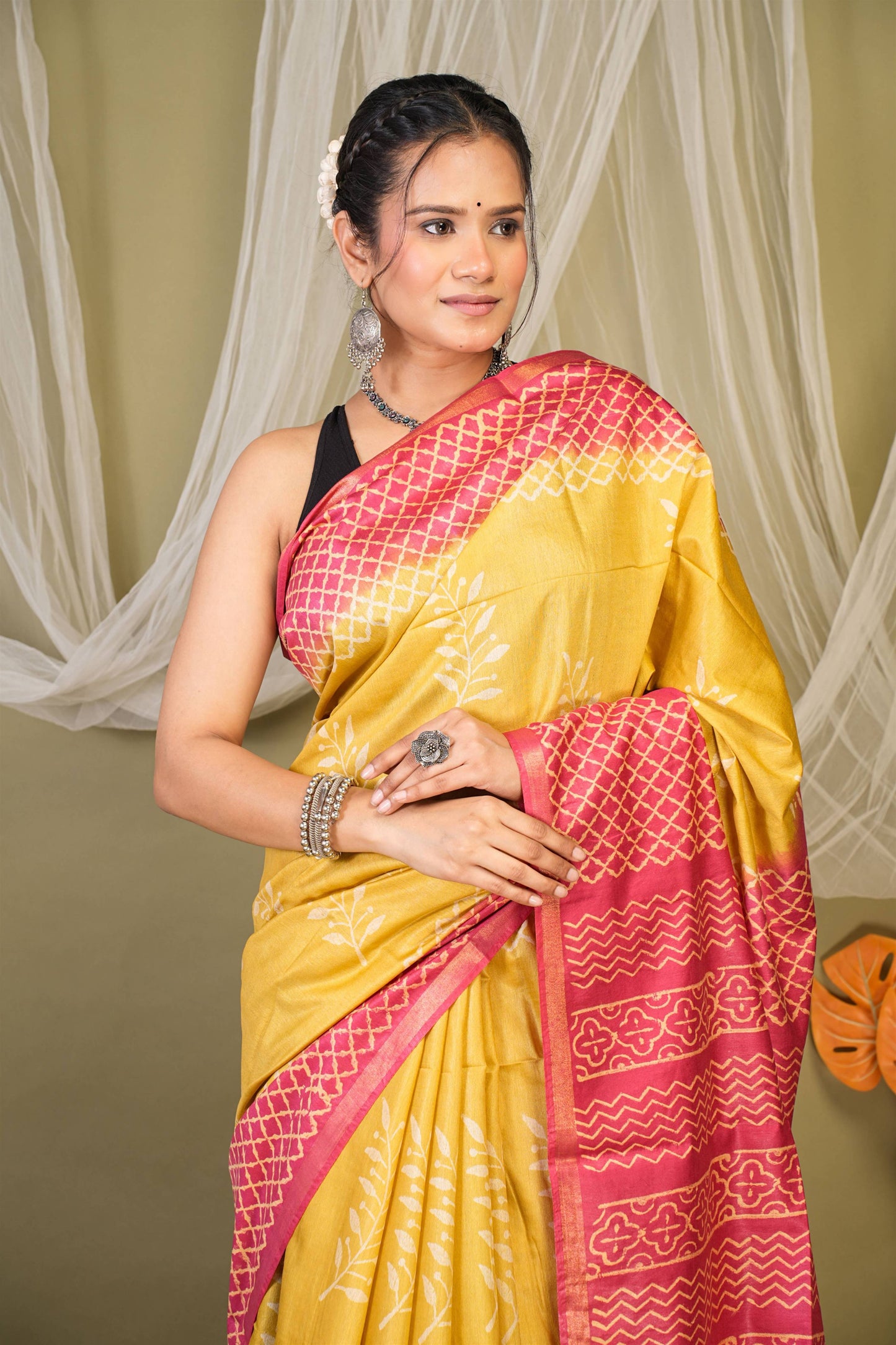 Anuttara Bhagalpuri Yellow::Red Cotton Silk Floral, Geometric Saree with Unstitched Blouse_AFS1351-FS
