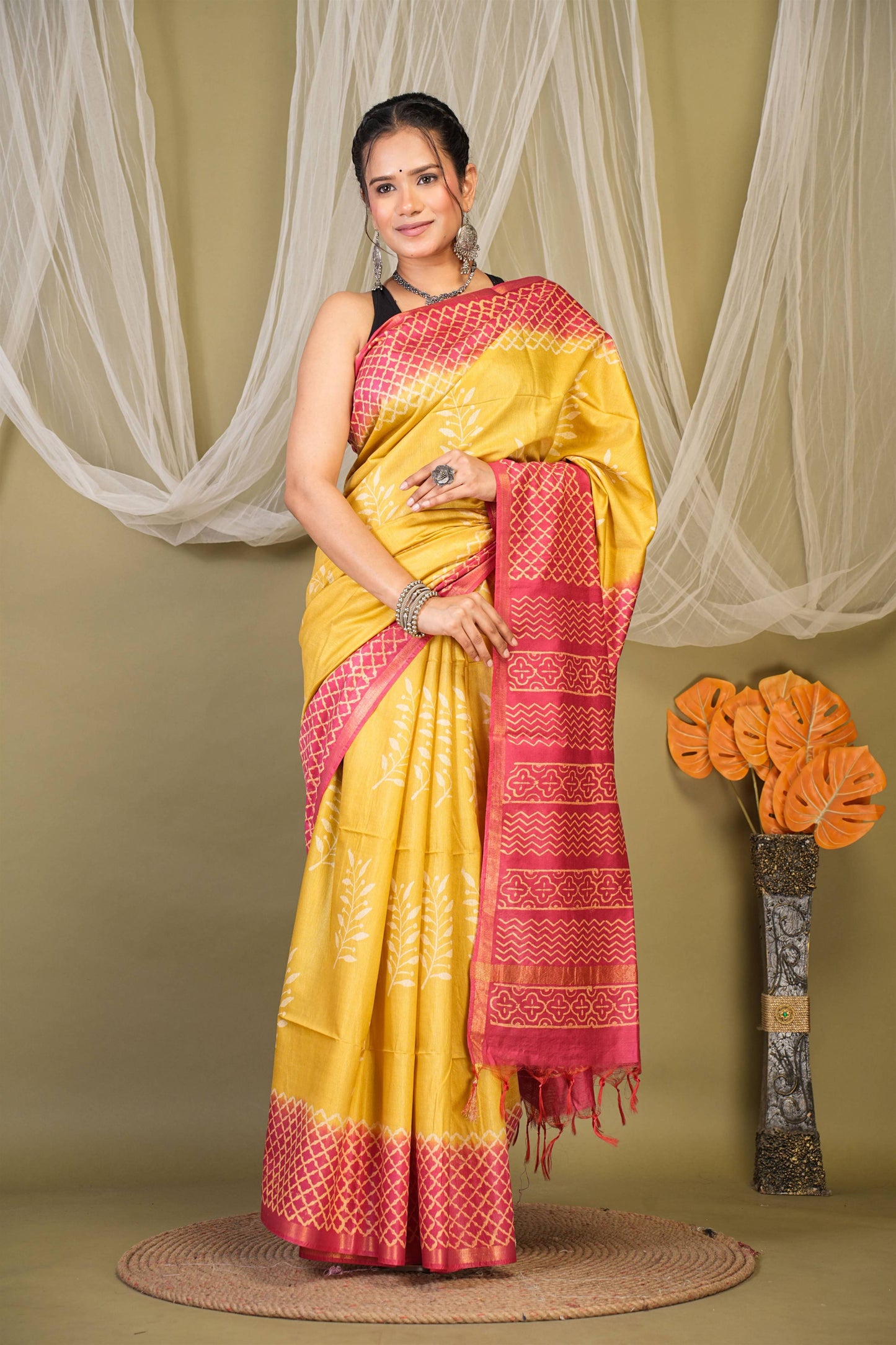 Anuttara Bhagalpuri Yellow::Red Cotton Silk Floral, Geometric Saree with Unstitched Blouse_AFS1351-FS