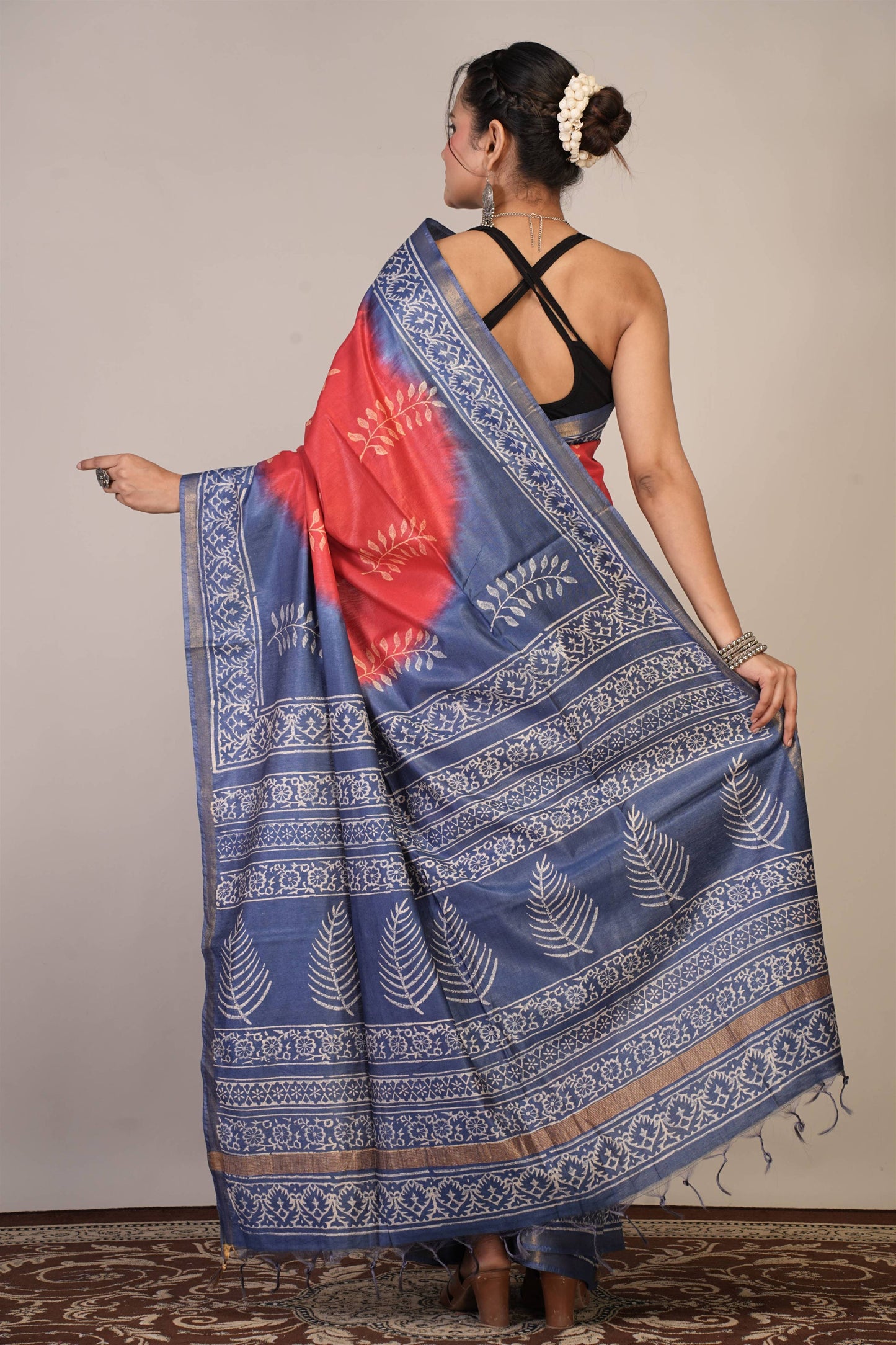 Anuttara Bhagalpuri Red::Blue Cotton Silk Floral Saree with Unstitched Blouse_AFS1352-FS