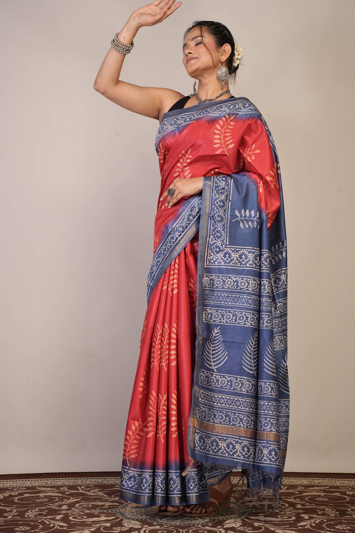Anuttara Bhagalpuri Red::Blue Cotton Silk Floral Saree with Unstitched Blouse_AFS1352-FS