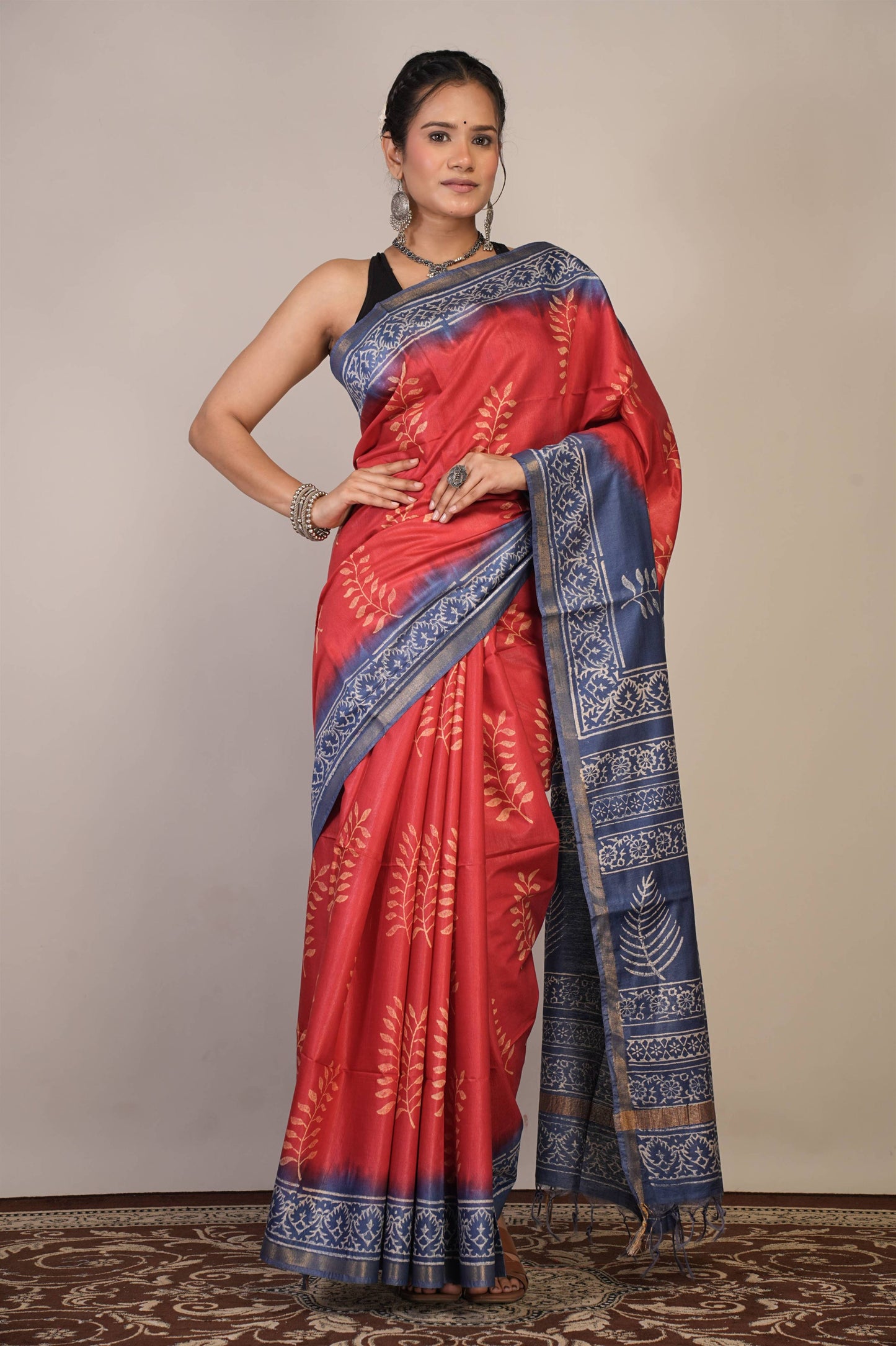 Anuttara Bhagalpuri Red::Blue Cotton Silk Floral Saree with Unstitched Blouse_AFS1352-FS