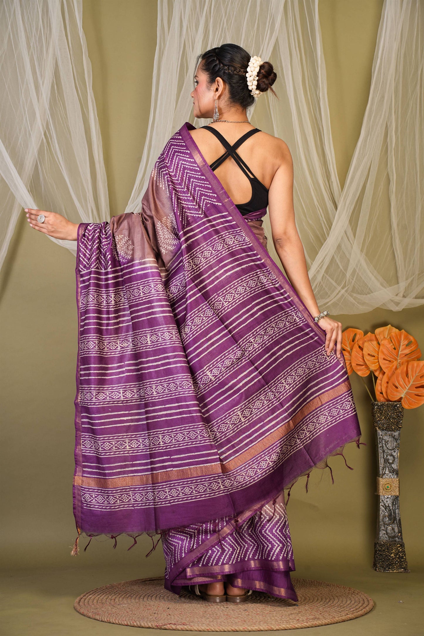 Anuttara Bhagalpuri Brown::Violet Cotton Silk Floral, Zig-Zag Saree with Unstitched Blouse_AFS1353-FS