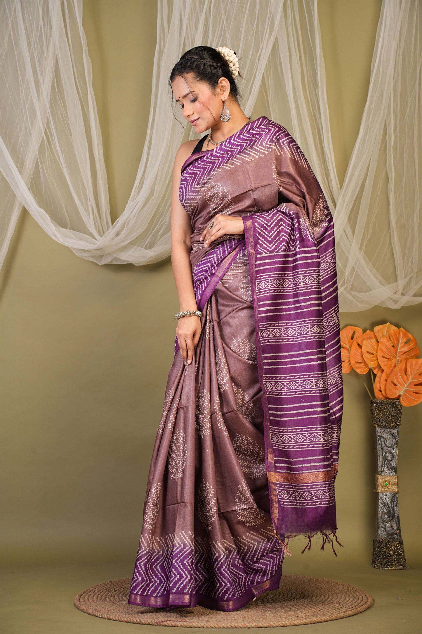 Anuttara Bhagalpuri Brown::Violet Cotton Silk Floral, Zig-Zag Saree with Unstitched Blouse_AFS1353-FS