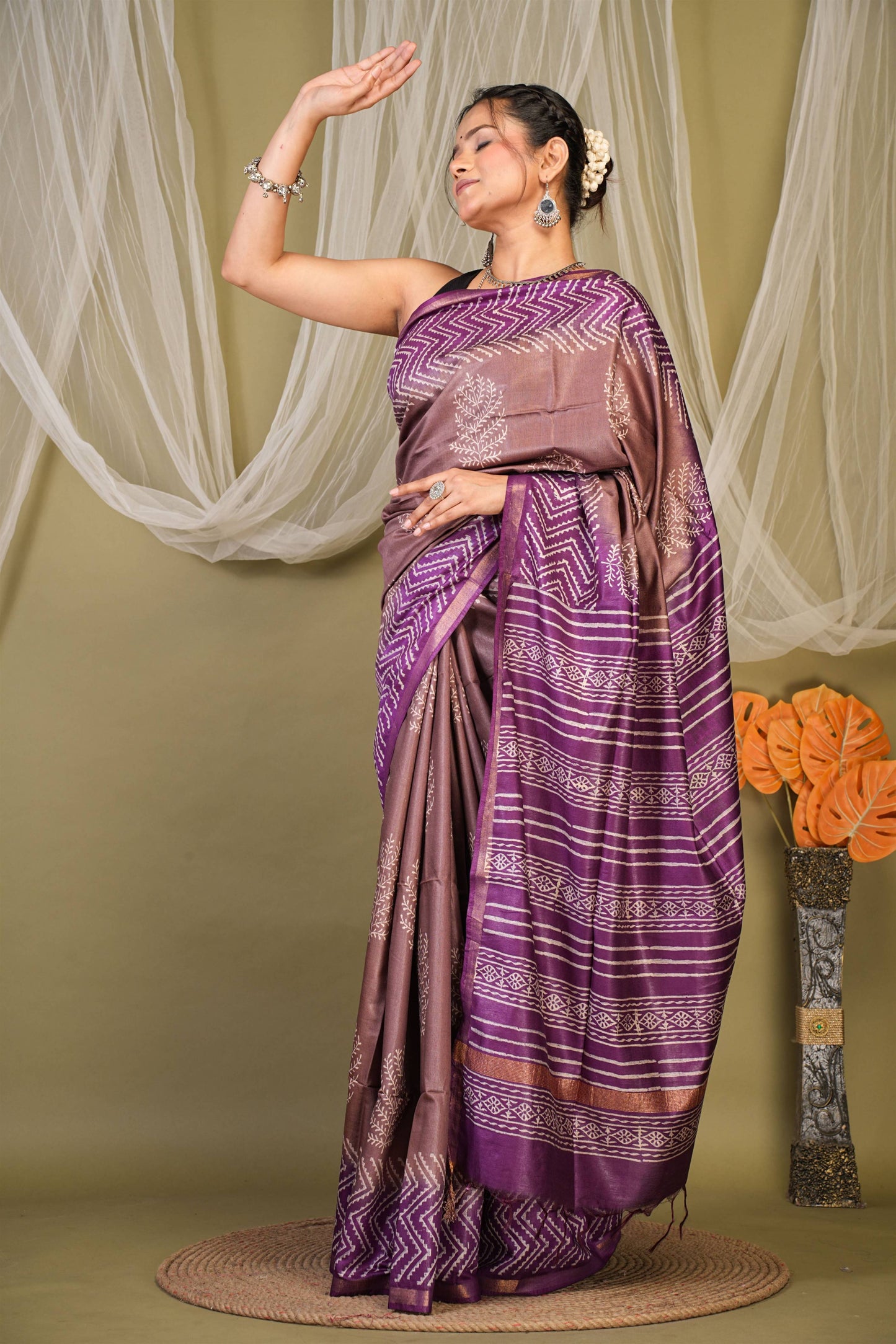Anuttara Bhagalpuri Brown::Violet Cotton Silk Floral, Zig-Zag Saree with Unstitched Blouse_AFS1353-FS