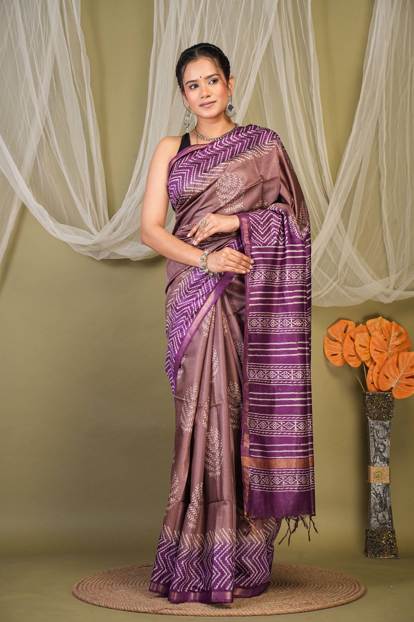 Anuttara Bhagalpuri Brown::Violet Cotton Silk Floral, Zig-Zag Saree with Unstitched Blouse_AFS1353-FS
