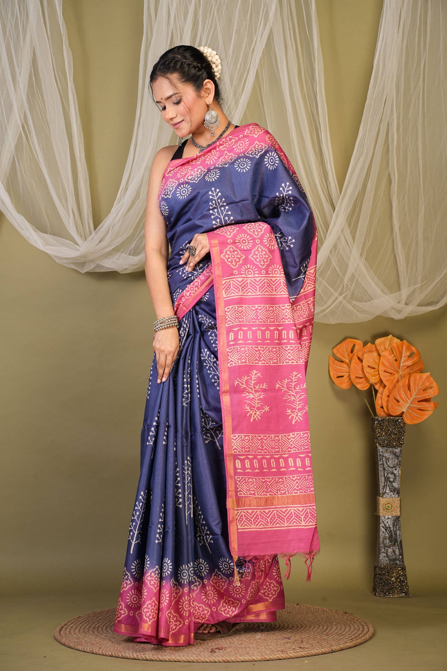 Anuttara Bhagalpuri Navy::Pink Cotton Silk Abstract Saree with Unstitched Blouse_AFS1354-FS
