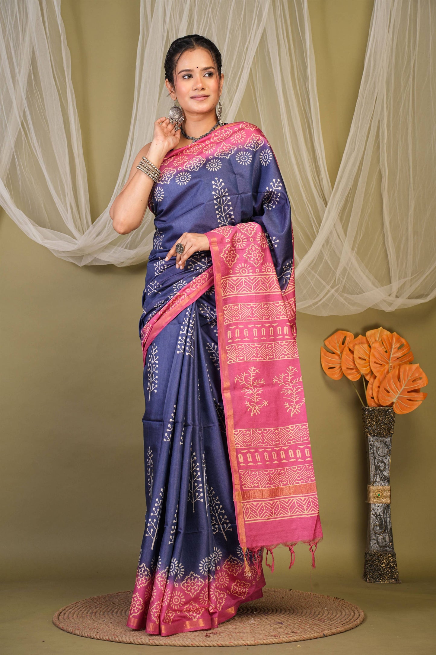 Anuttara Bhagalpuri Navy::Pink Cotton Silk Abstract Saree with Unstitched Blouse_AFS1354-FS