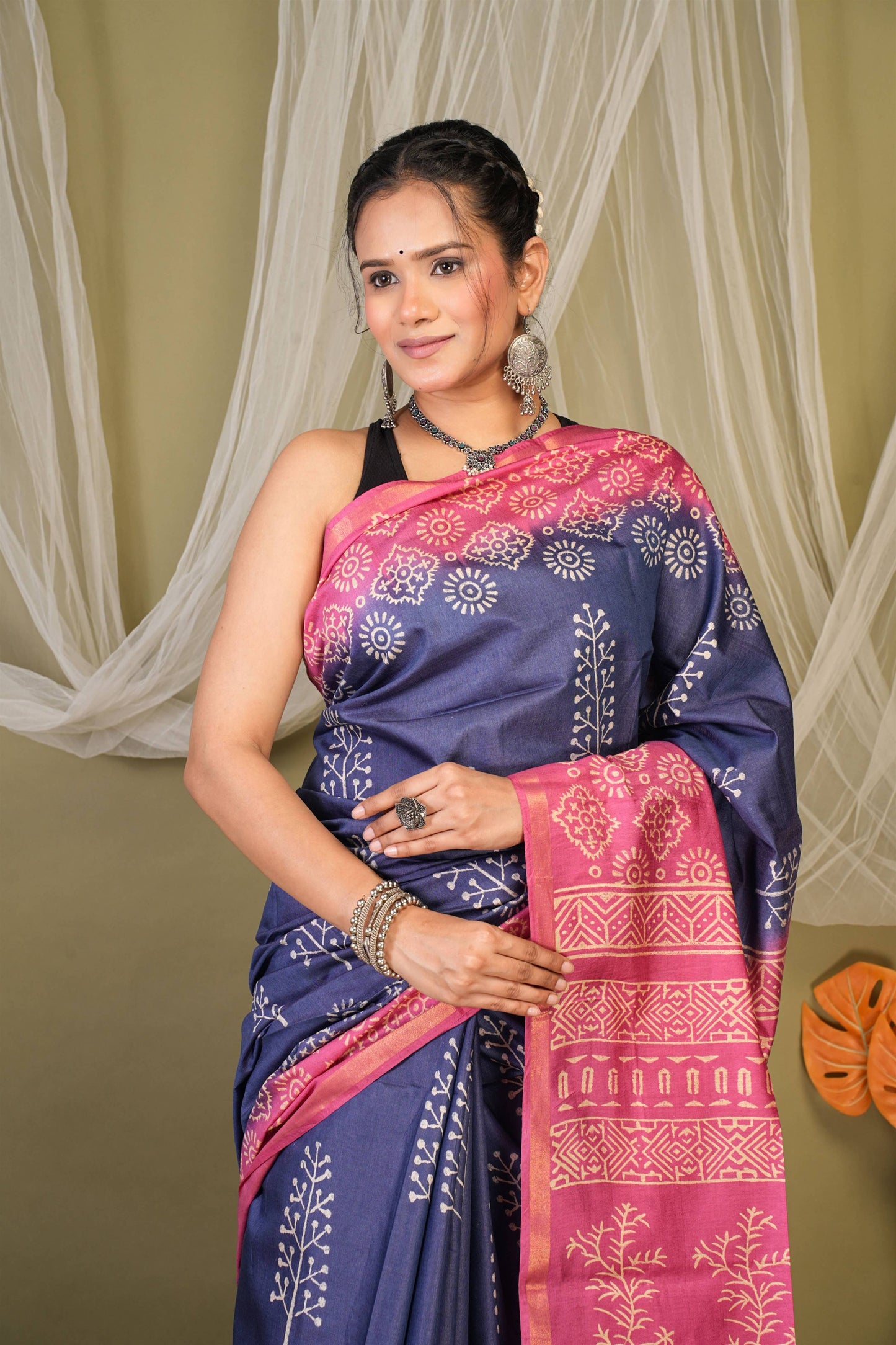Anuttara Bhagalpuri Navy::Pink Cotton Silk Abstract Saree with Unstitched Blouse_AFS1354-FS
