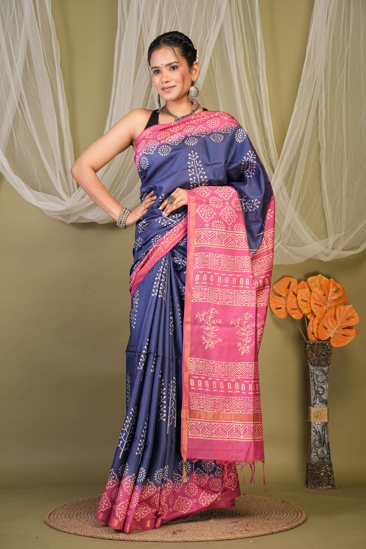 Anuttara Bhagalpuri Navy::Pink Cotton Silk Abstract Saree with Unstitched Blouse_AFS1354-FS