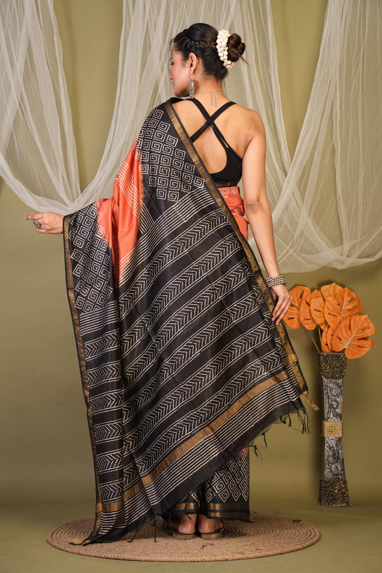 Anuttara Bhagalpuri Rust::Black Cotton Silk Stripe, Geometric Saree with Unstitched Blouse_AFS1355-FS