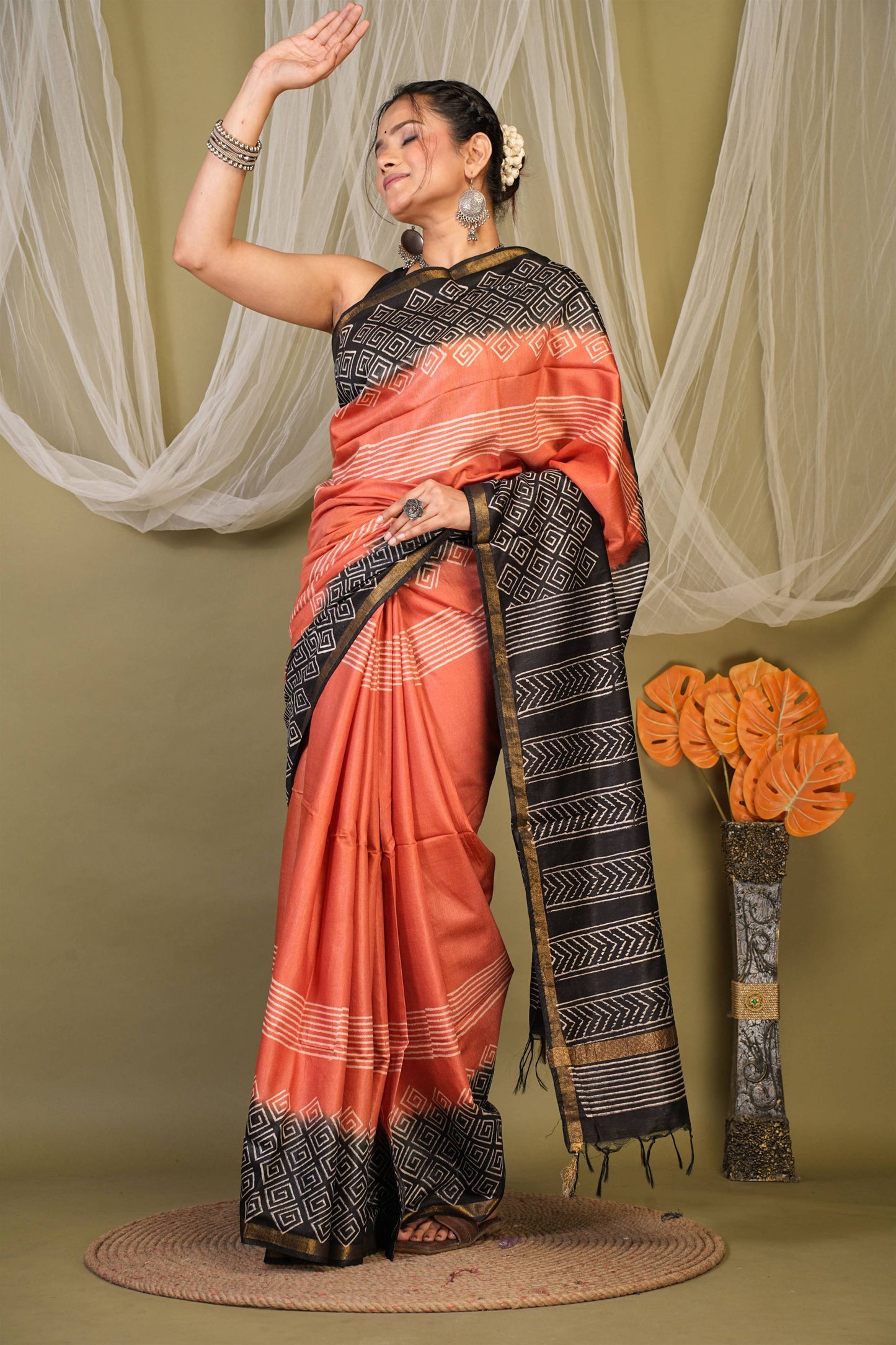 Anuttara Bhagalpuri Rust::Black Cotton Silk Stripe, Geometric Saree with Unstitched Blouse_AFS1355-FS