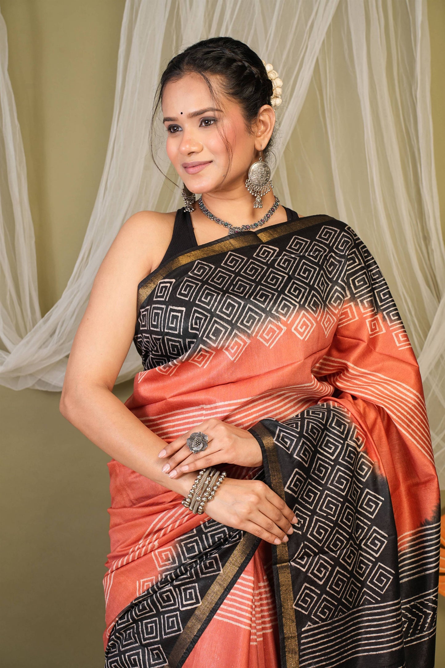 Anuttara Bhagalpuri Rust::Black Cotton Silk Stripe, Geometric Saree with Unstitched Blouse_AFS1355-FS
